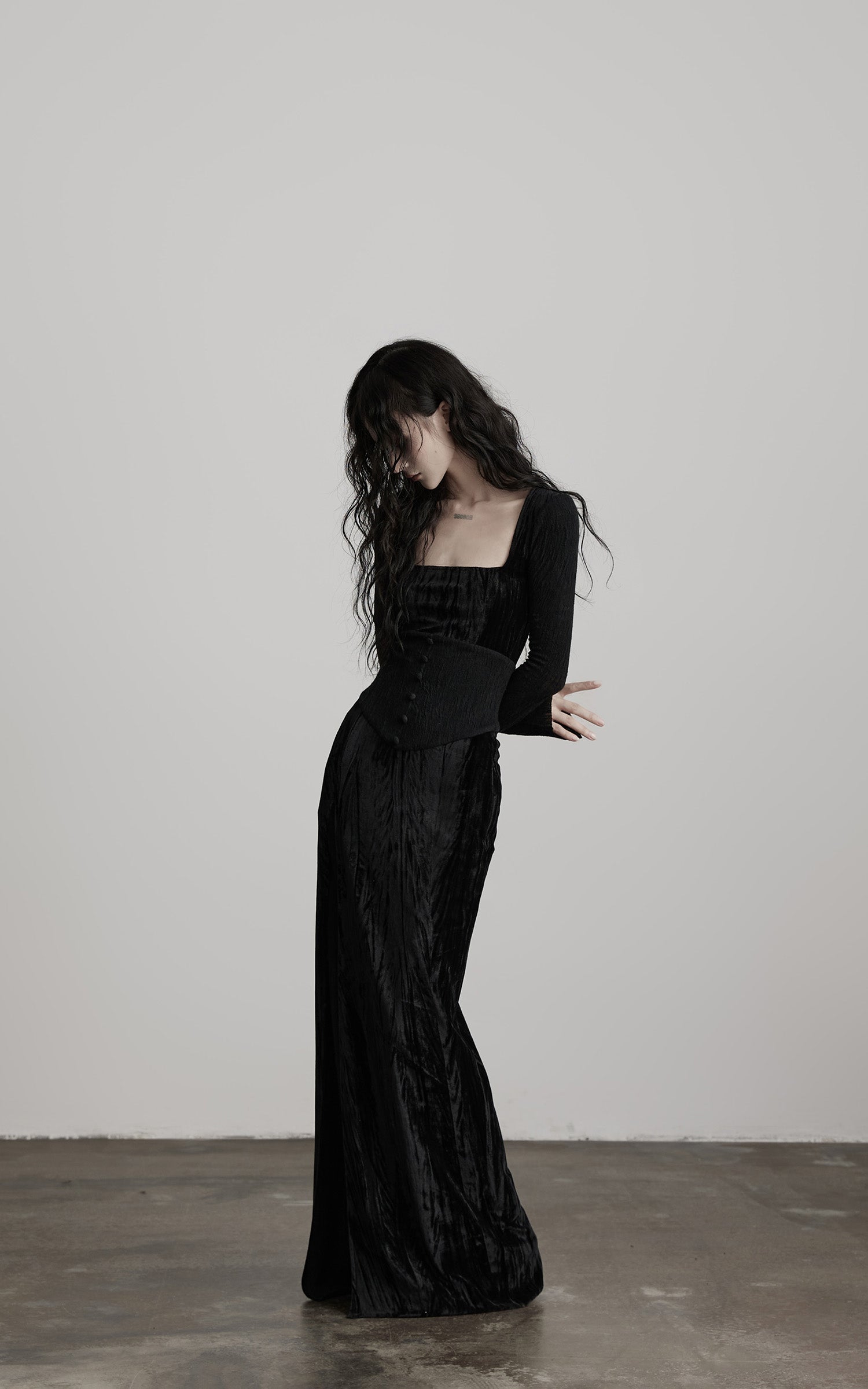 INDULGE Wool Velvet Long Dress with Corset Waist