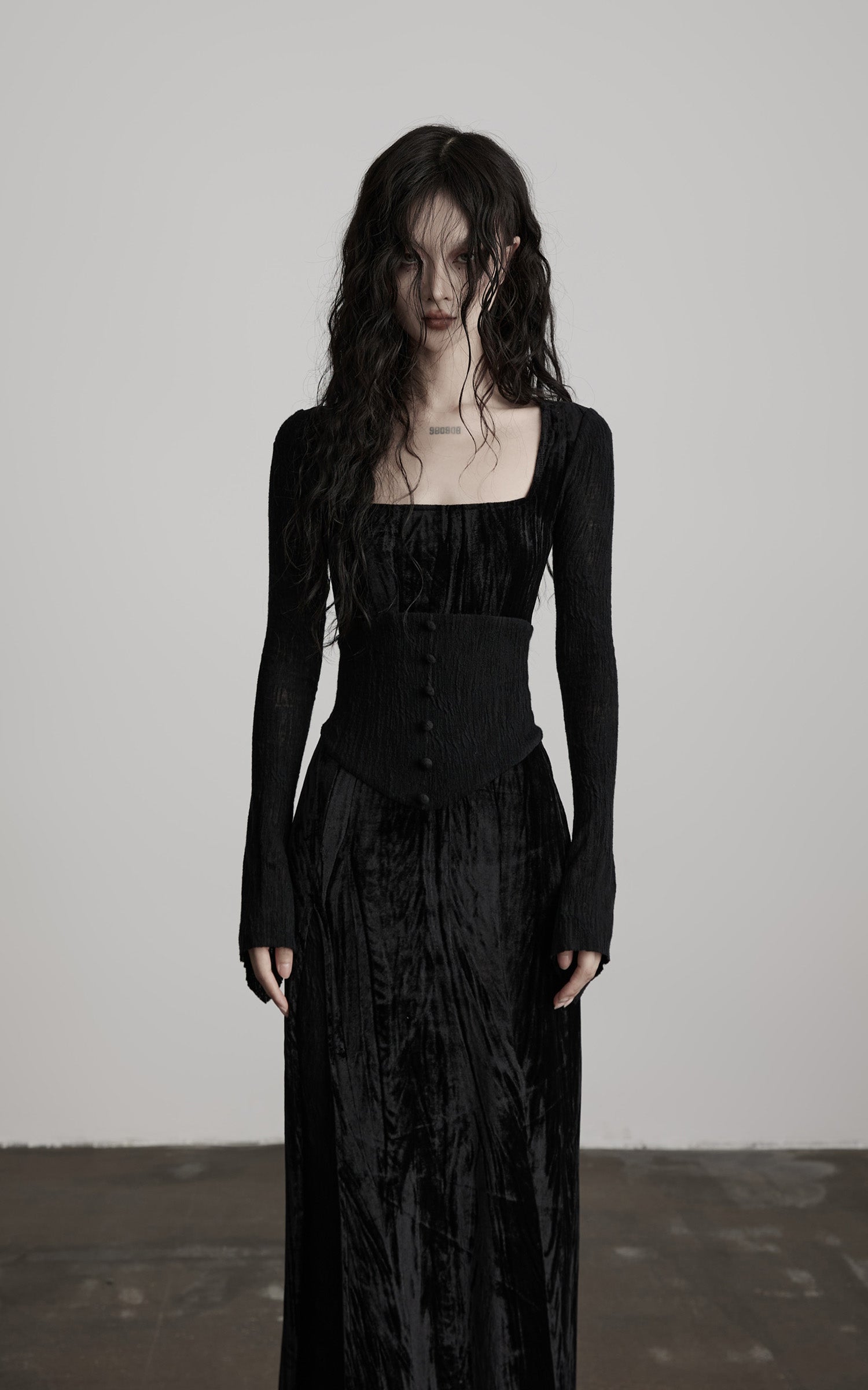INDULGE Wool Velvet Long Dress with Corset Waist