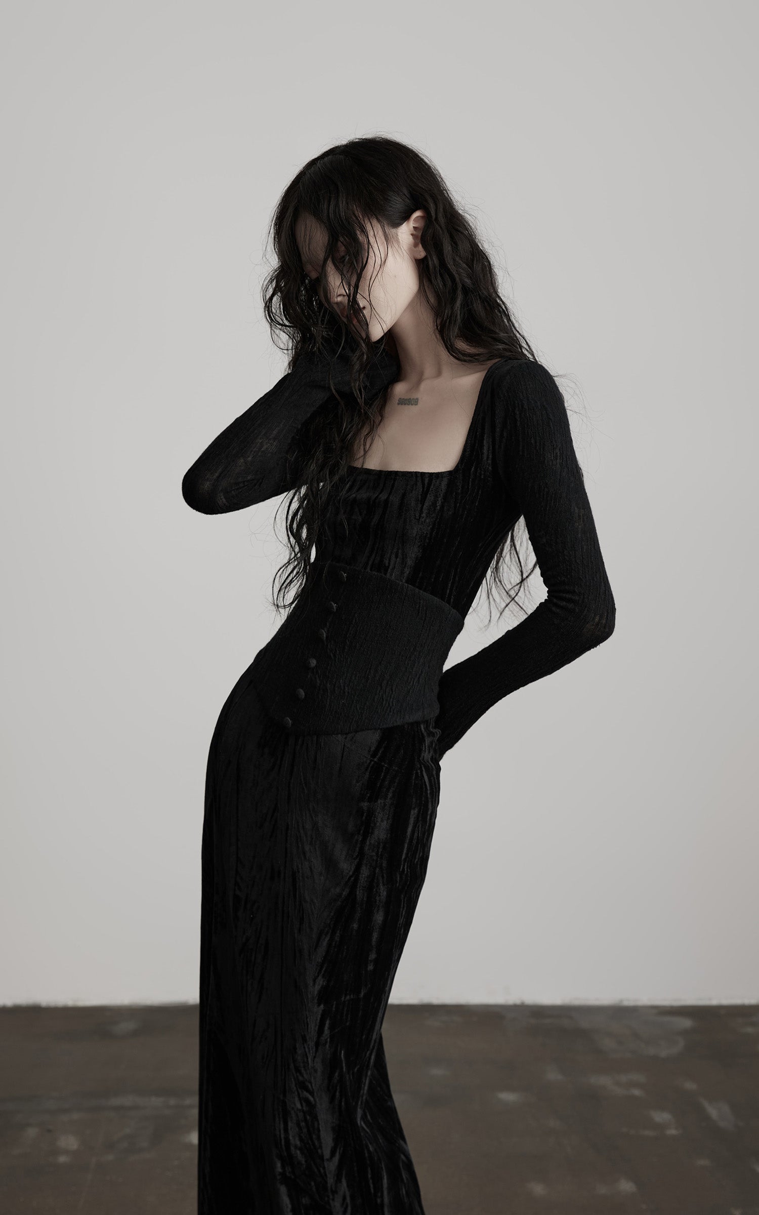 INDULGE Wool Velvet Long Dress with Corset Waist
