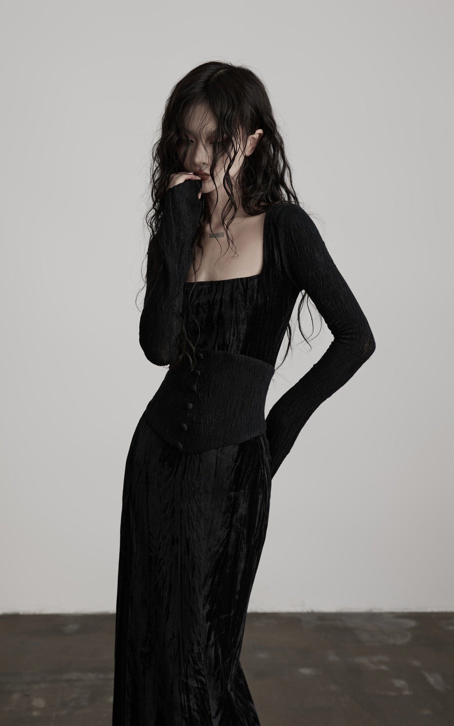 INDULGE Wool Velvet Long Dress with Corset Waist