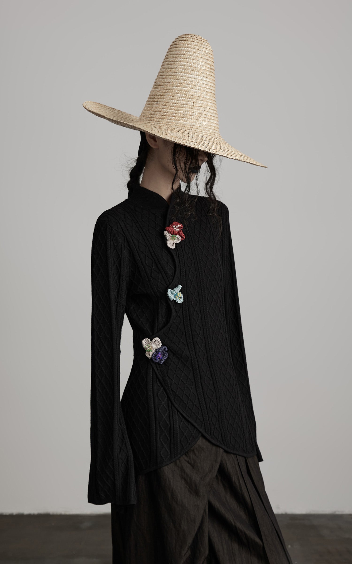 INDULGE Diamond Knit Asymmetric Top with Crochet Floral Details