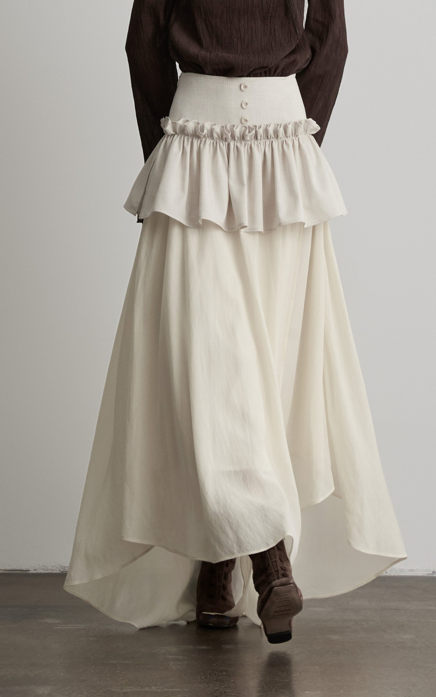 DOINDULGE Layered Ruffle Asymmetric Hem Striped Maxi Skirt