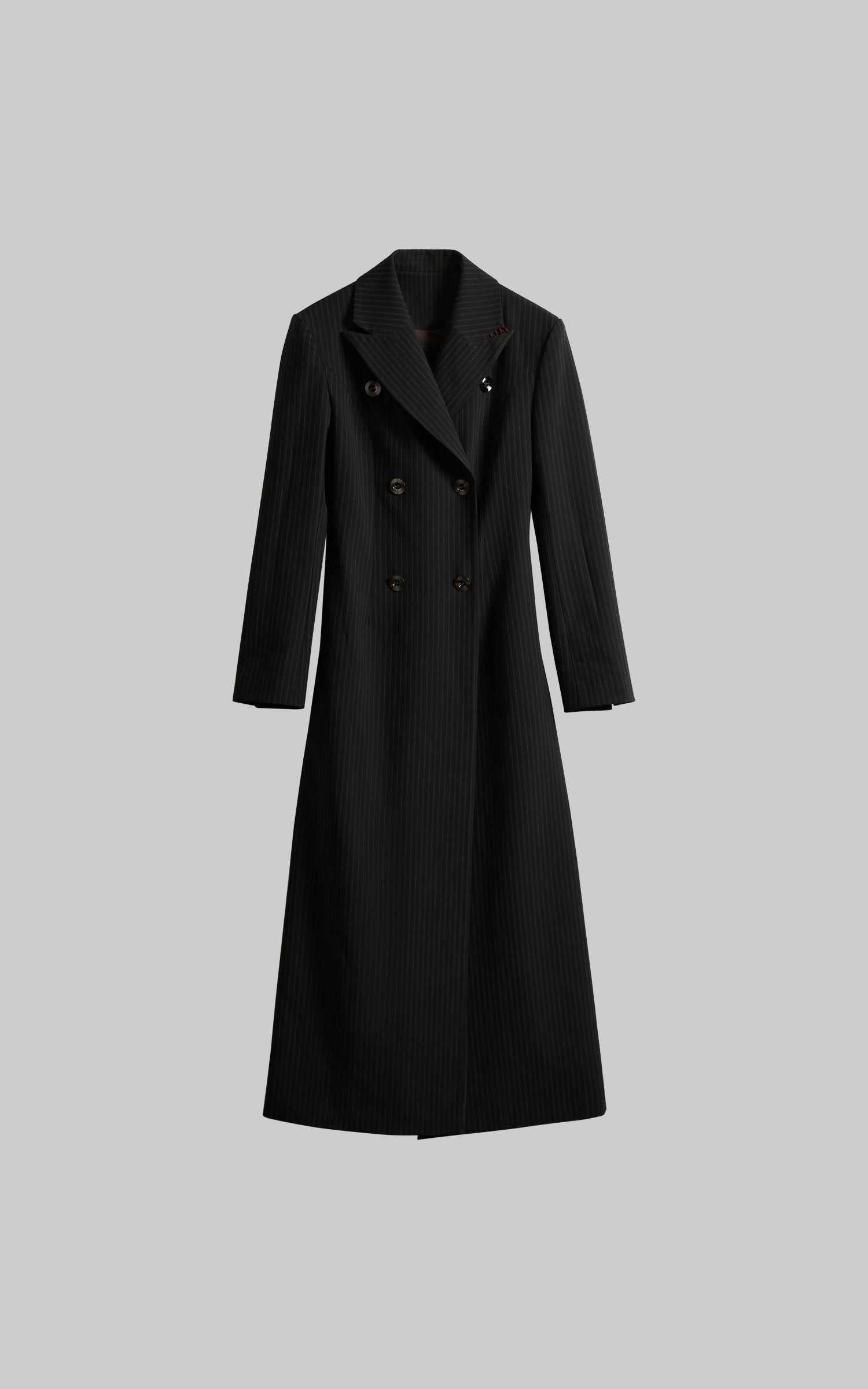 INDULGE Double Breasted Long Coat with Pinstripe and Contrast Lining