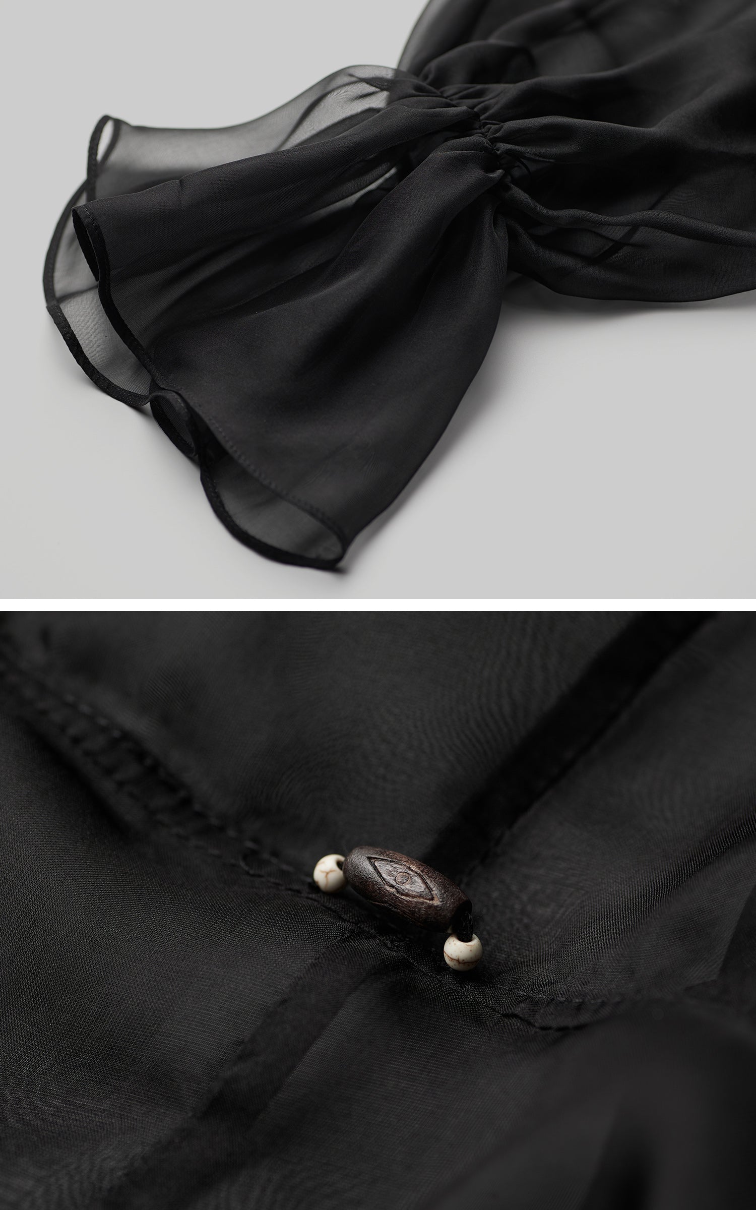 INDULGE Draped Mesh Hooded Cardigan with Tassel Accents and Voluminous Sleeves