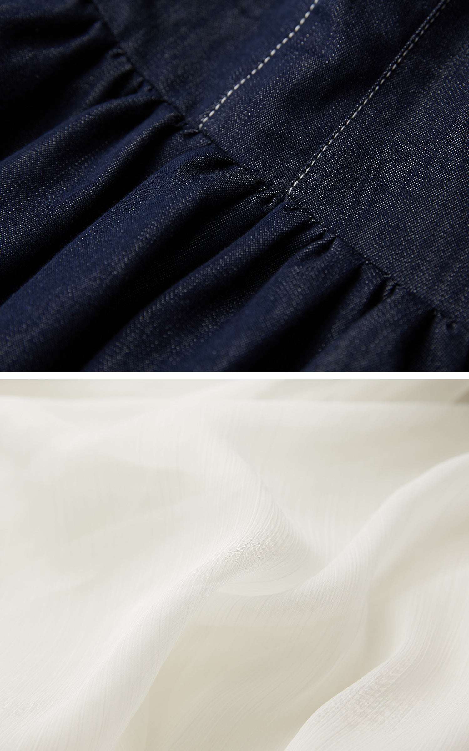 INDULGE Denim Halter Dress with Bubble Silhouette and Sheer Pleated Chiffon Hem