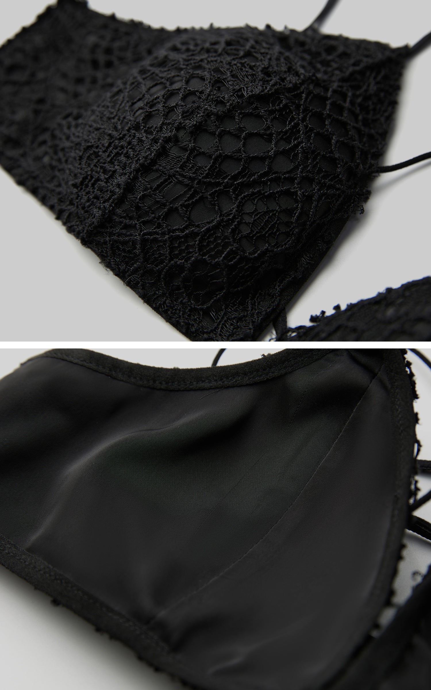 INDULGE Strappy Lace Bralette – Gothic Crochet Texture with Minimal Silhouette