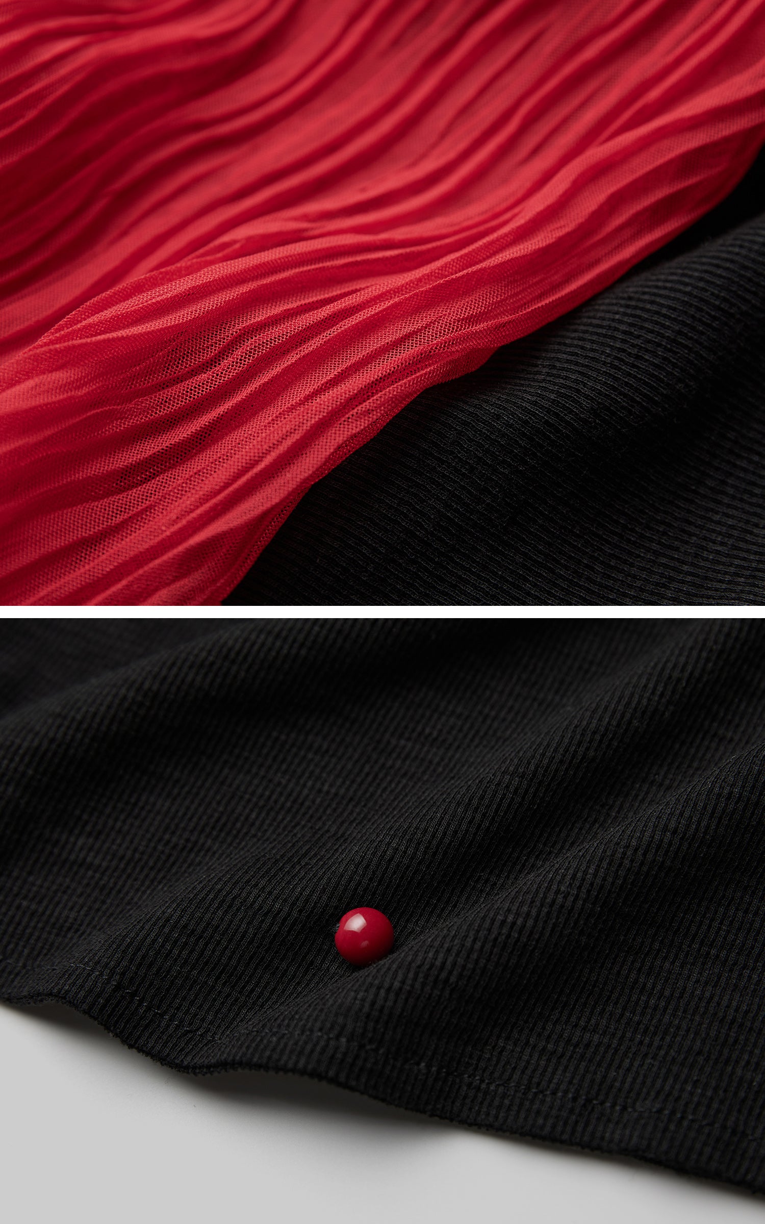 INDULGE Asymmetric Drape Top — Sculptural Red Pleats with Black Knit Base