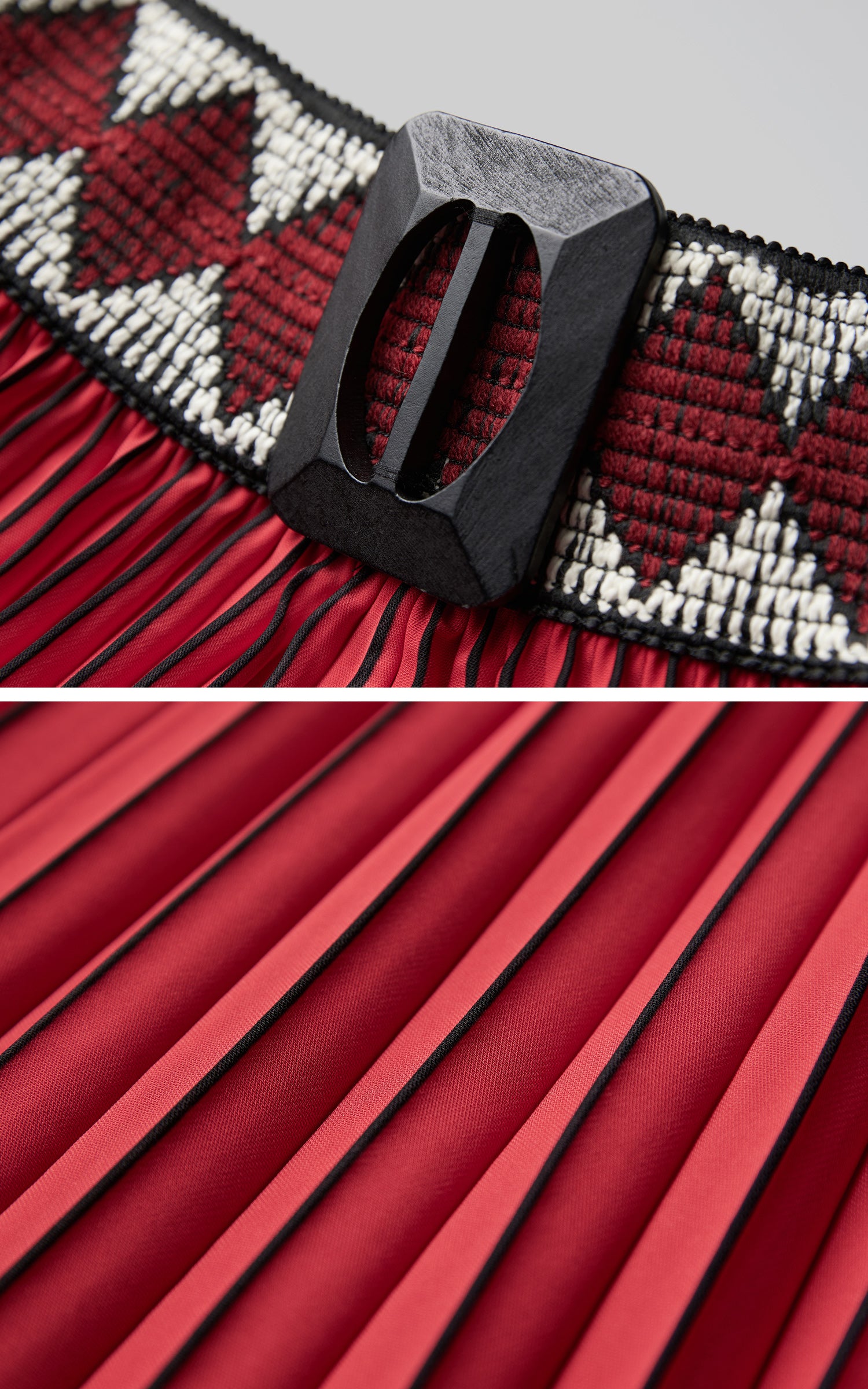 INDULGE Red Pleated Wide-Leg Skirt with Geometric Woven Waistband and Statement Buckle