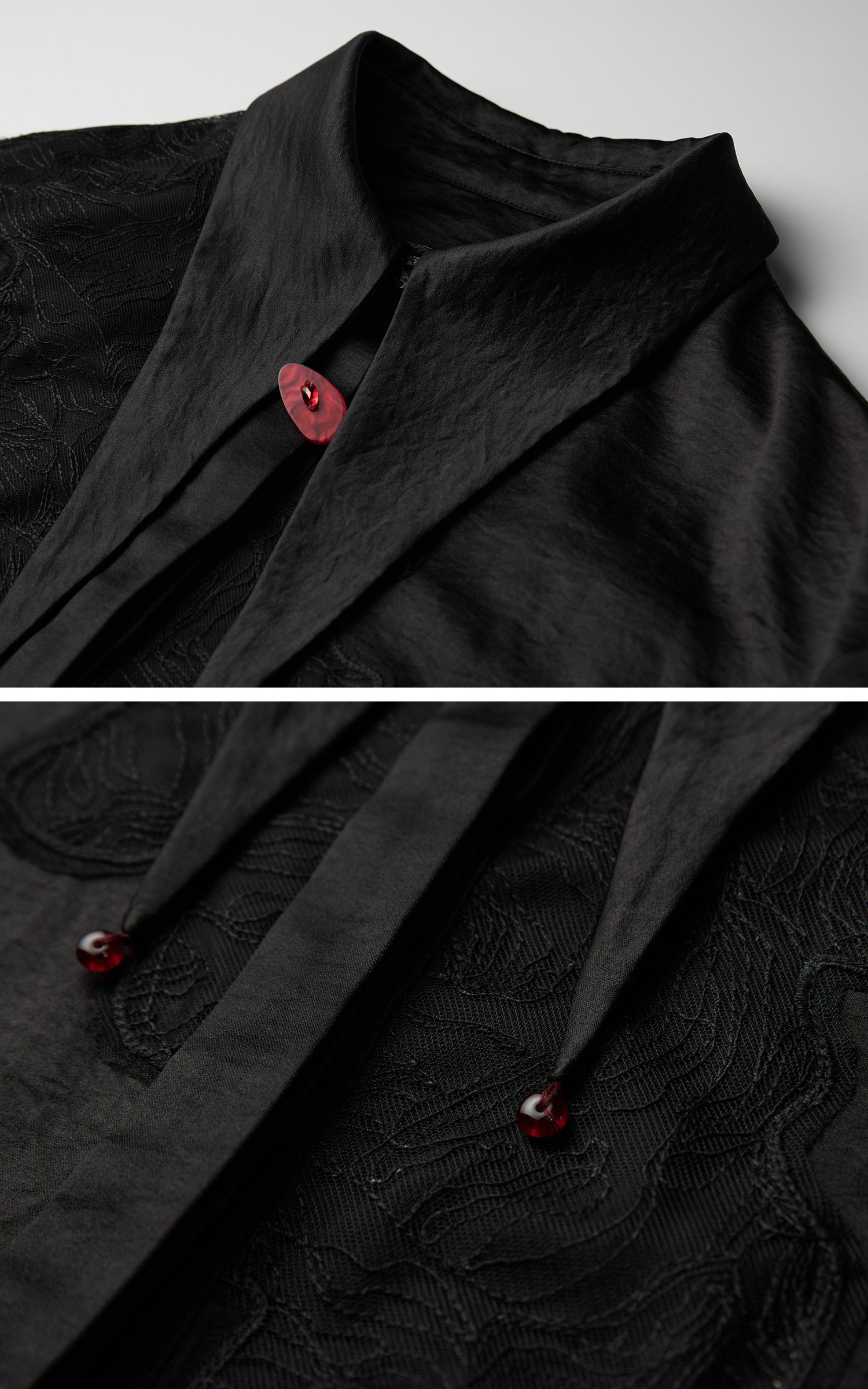 INDULGE Asymmetric Textured Shirt with Drawstring Sleeves and Red Accents
