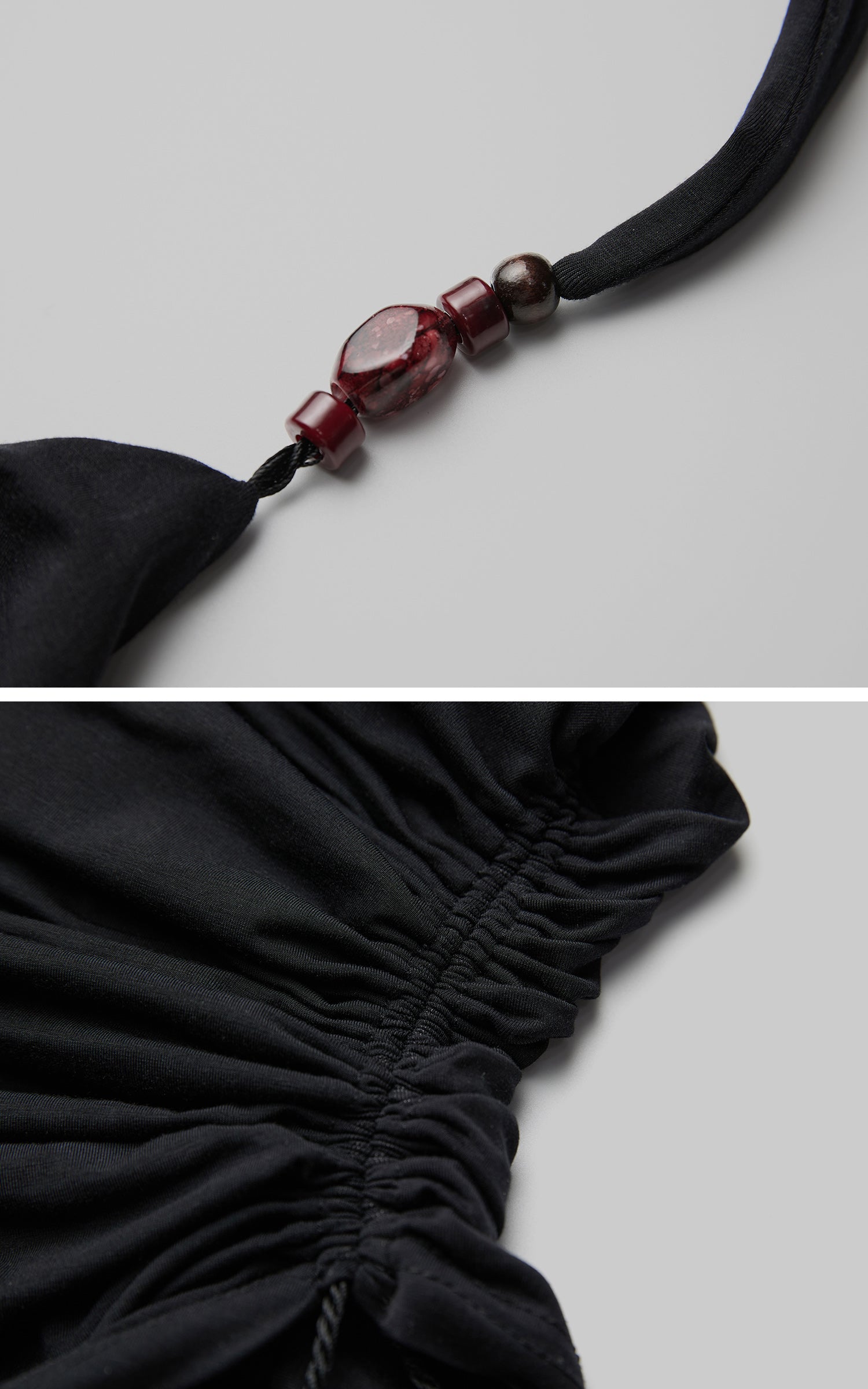 INDULGE Draped Halter Tank with Bead Detail and Asymmetric Ruched Cut-Out