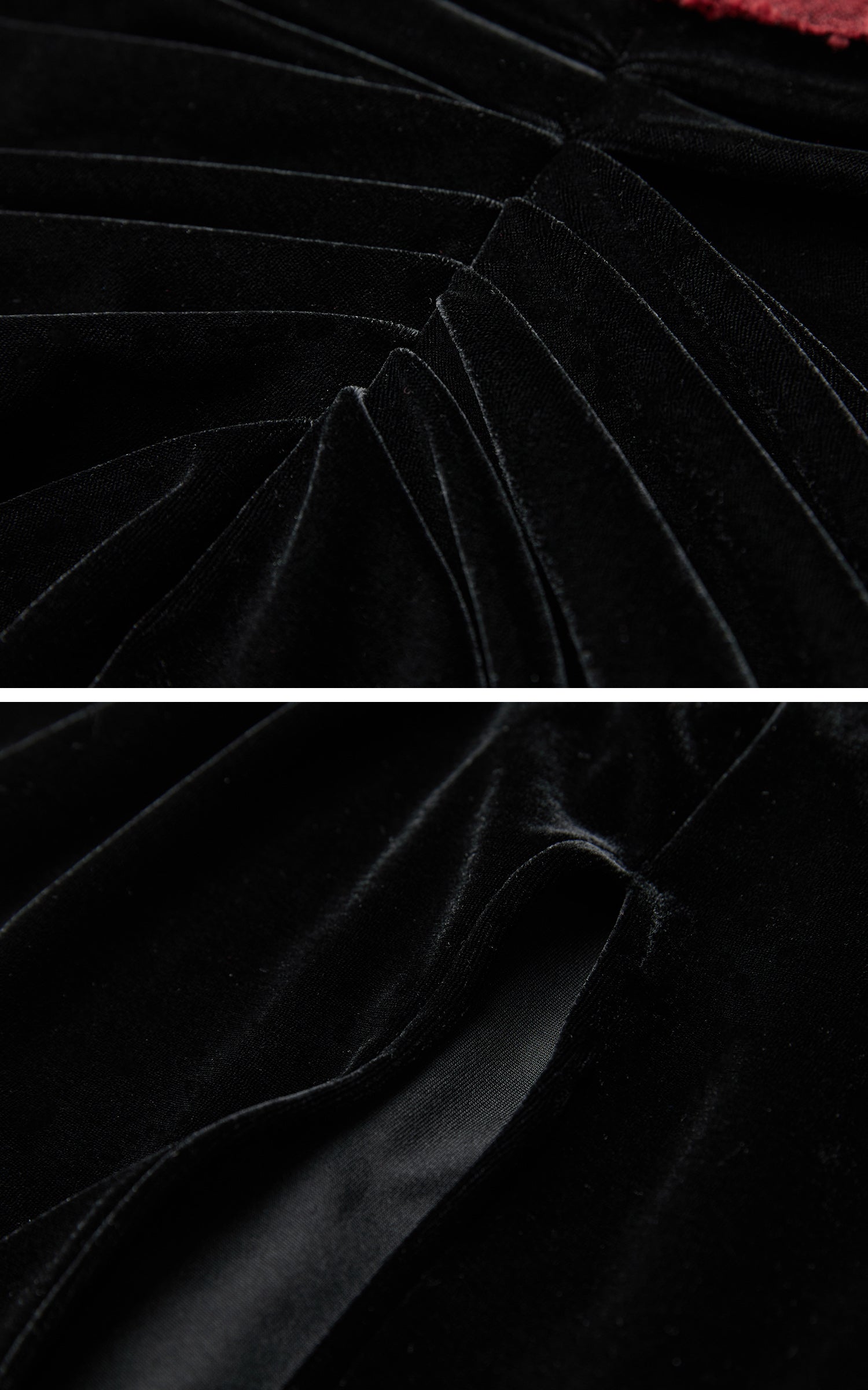 INDULGE Draped Velvet Skirt with Sheer Red Waist Detail