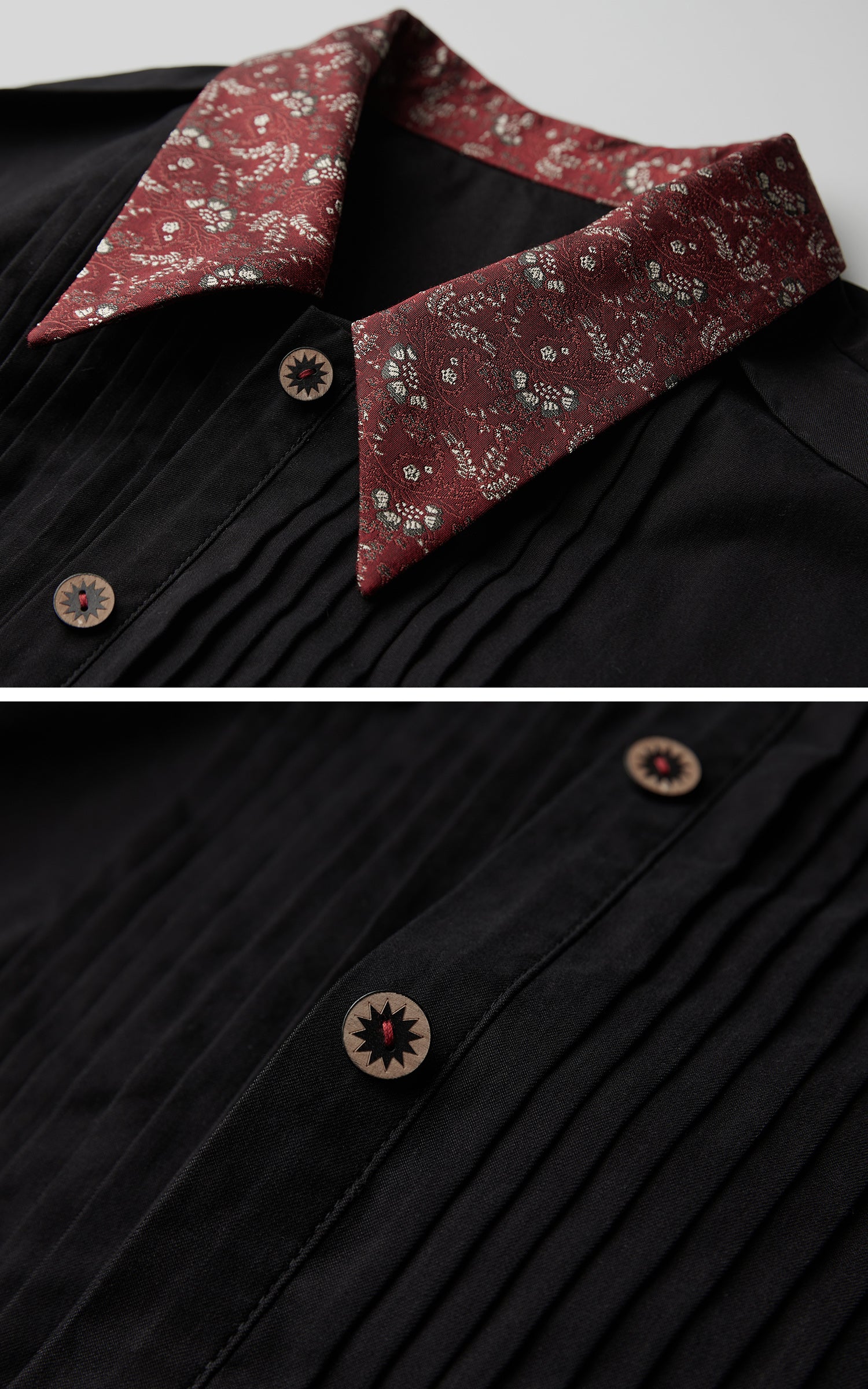 INDULGE Oversized Black Shirt with Contrast Collar and Pleated Front