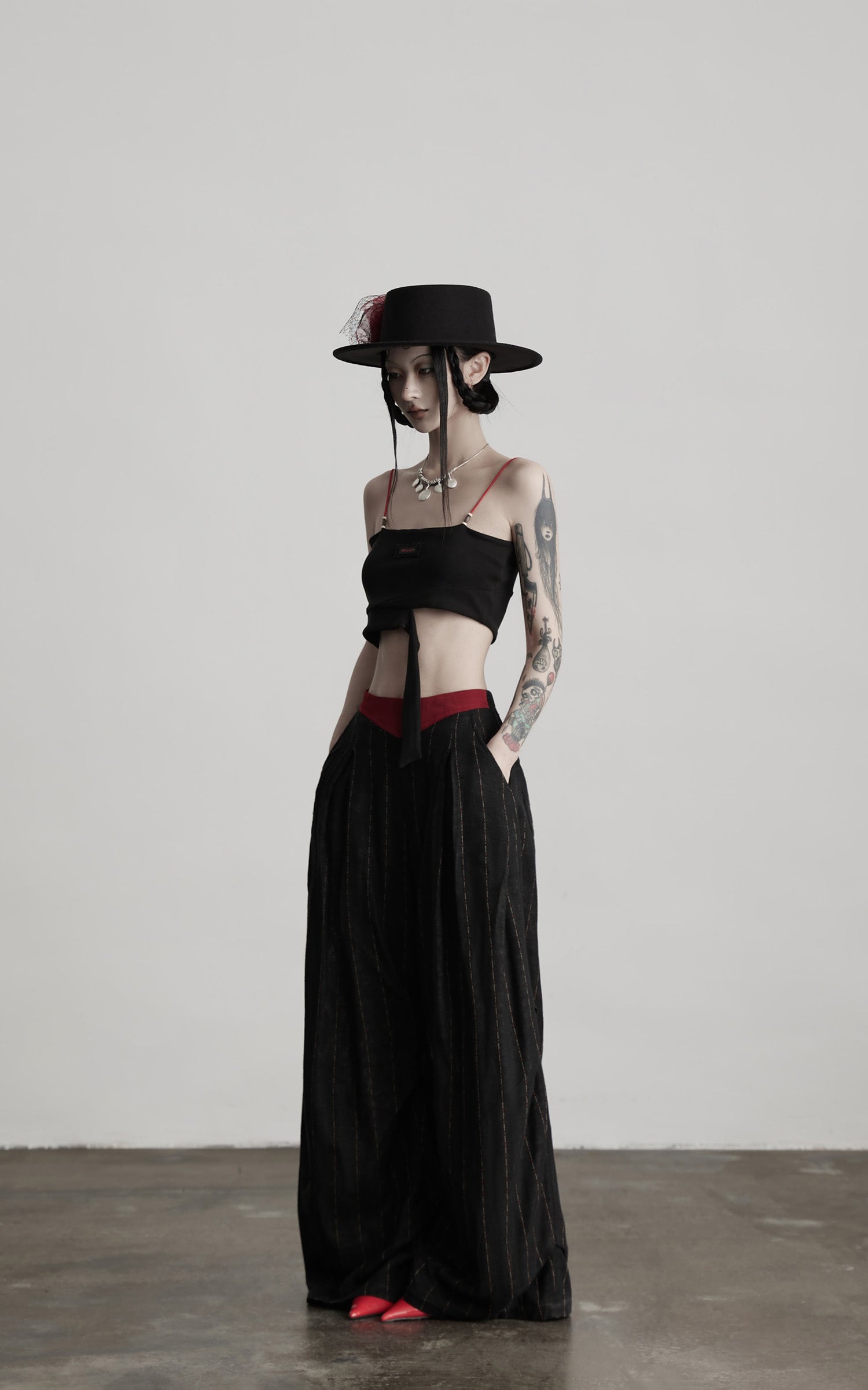 INDULGE Deconstructed Pinstripe Wide-Leg Pants with Contrast Waistband