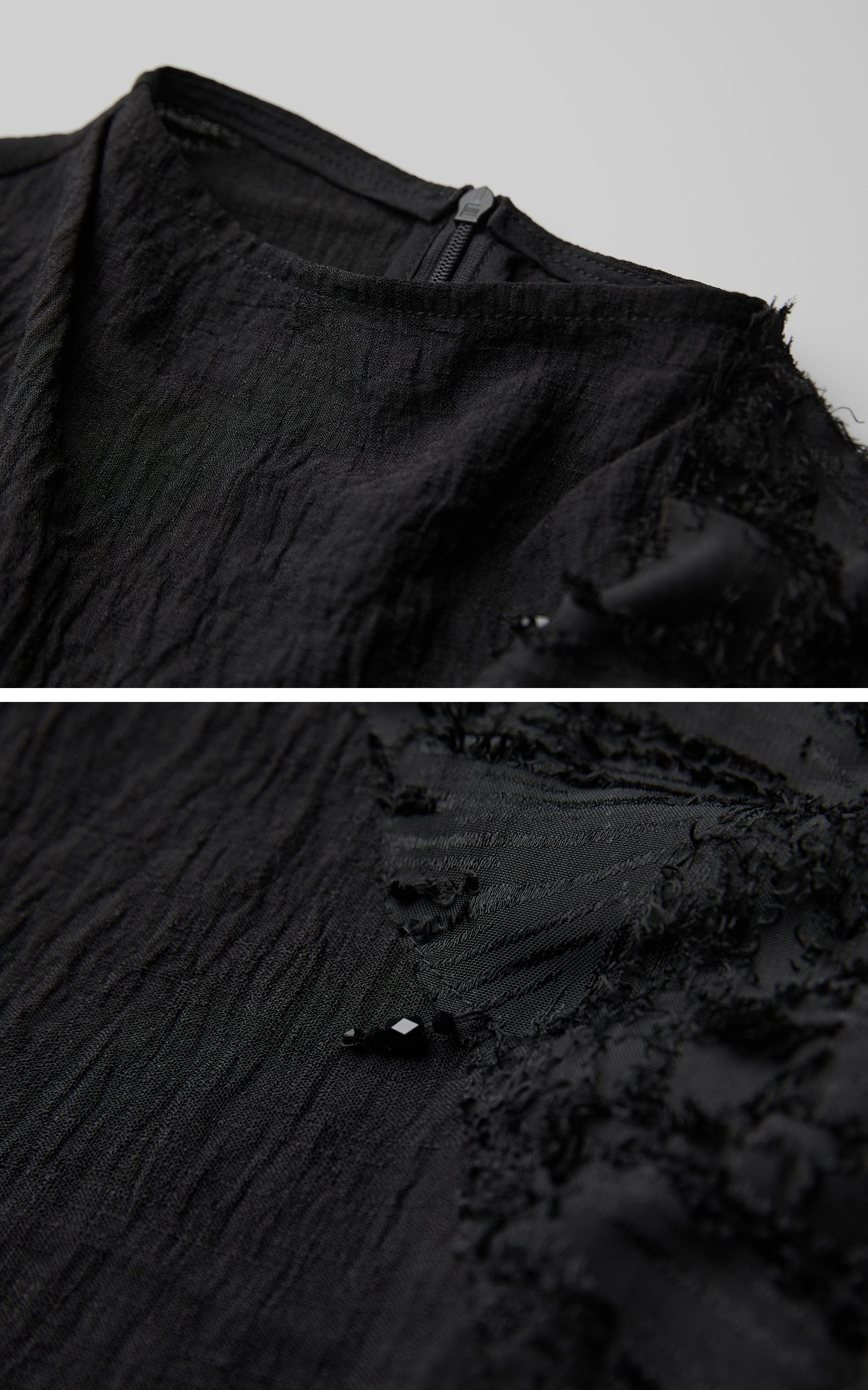 INDULGE Asymmetric Textured Sleeveless Top with Frayed and Beaded Detailing