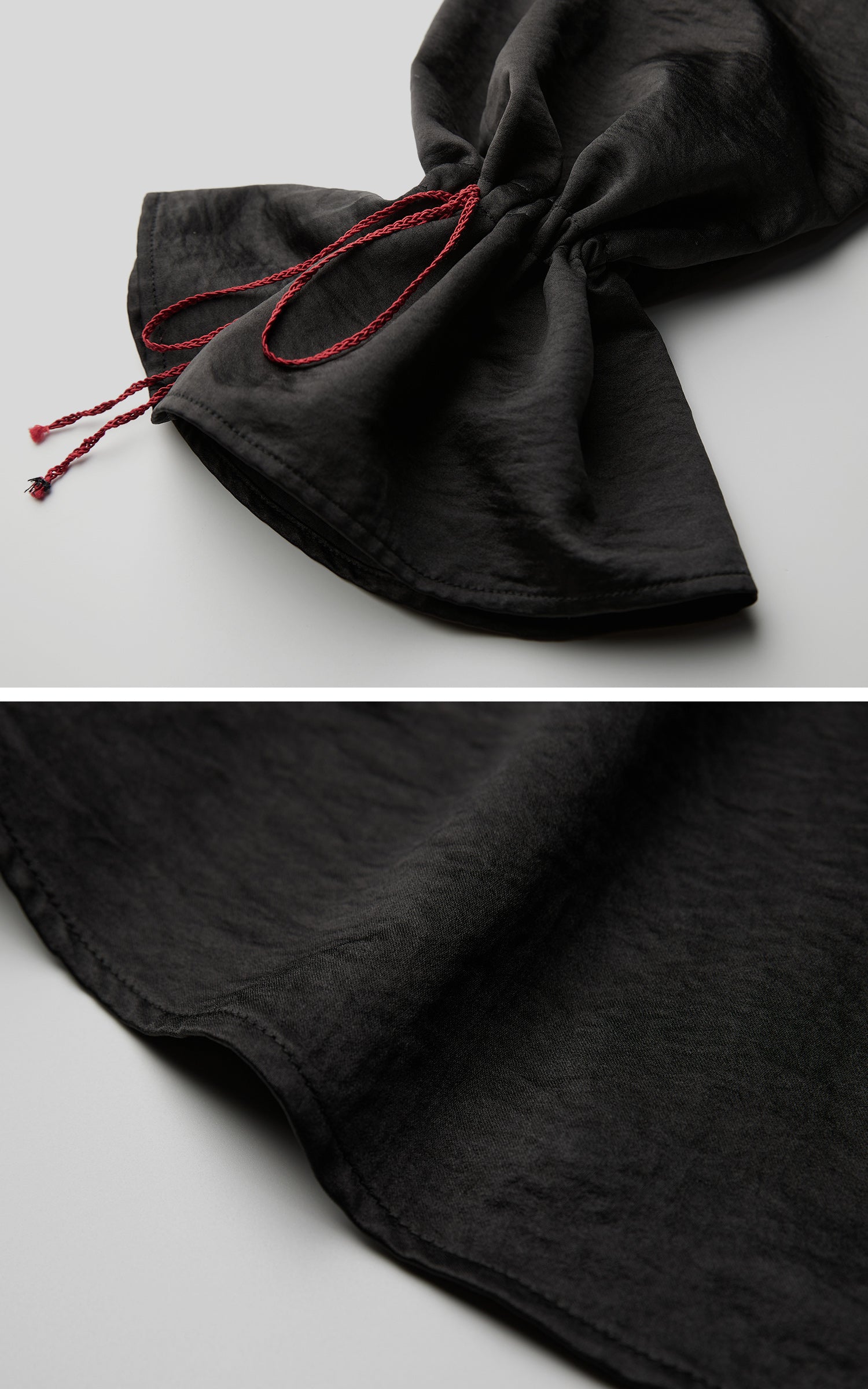 INDULGE Asymmetric Textured Shirt with Drawstring Sleeves and Red Accents