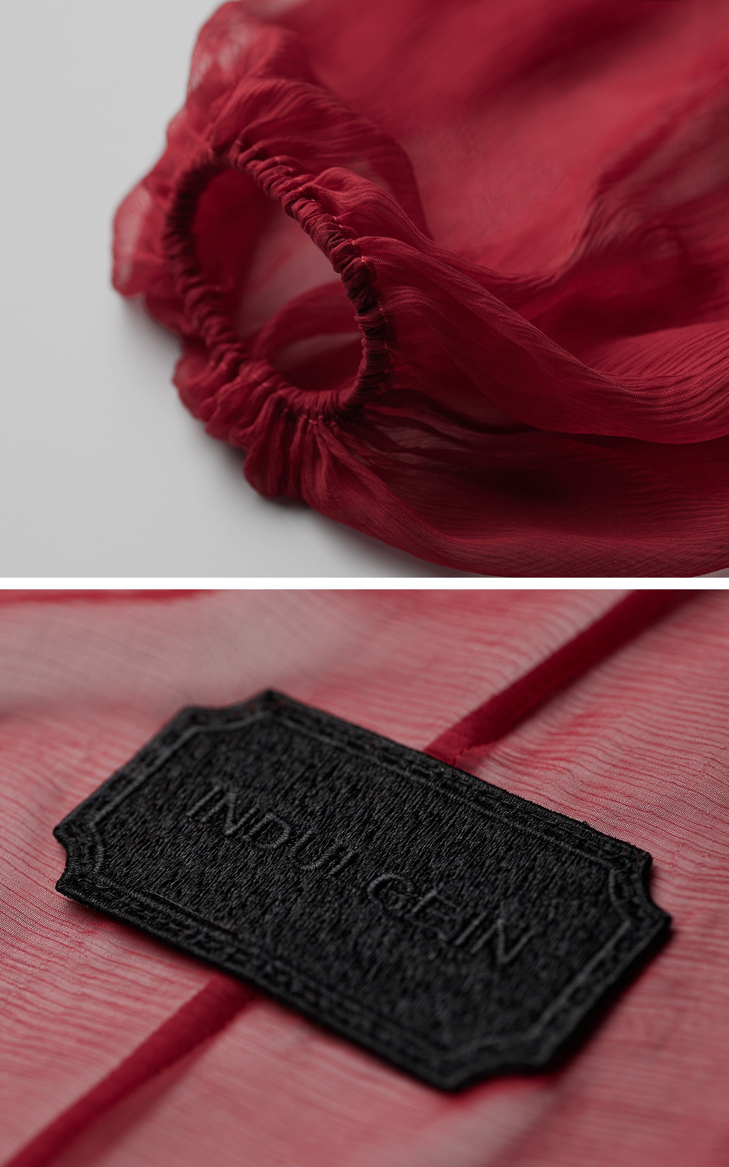 INDULGE Crimson Sheer Drape Jacket with Lace Trim and Beaded Tassels