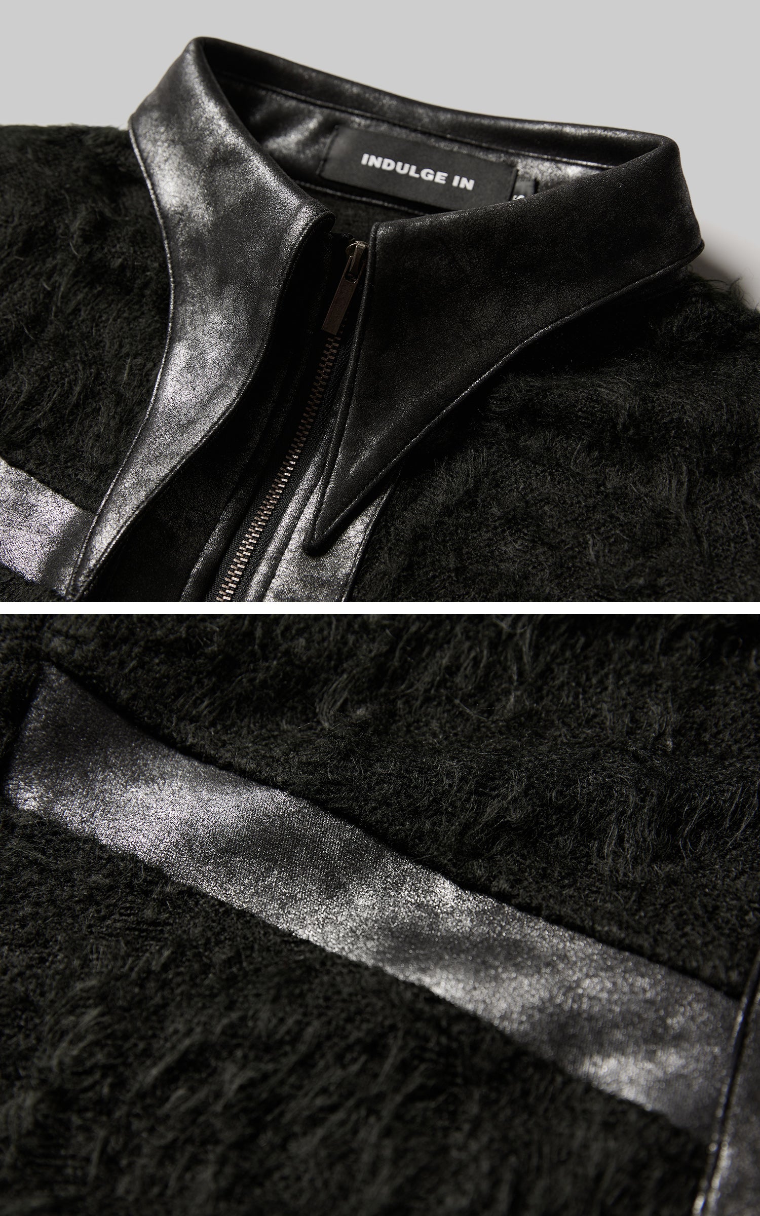 INDULGE Faux Leather Trimmed Fuzzy Top