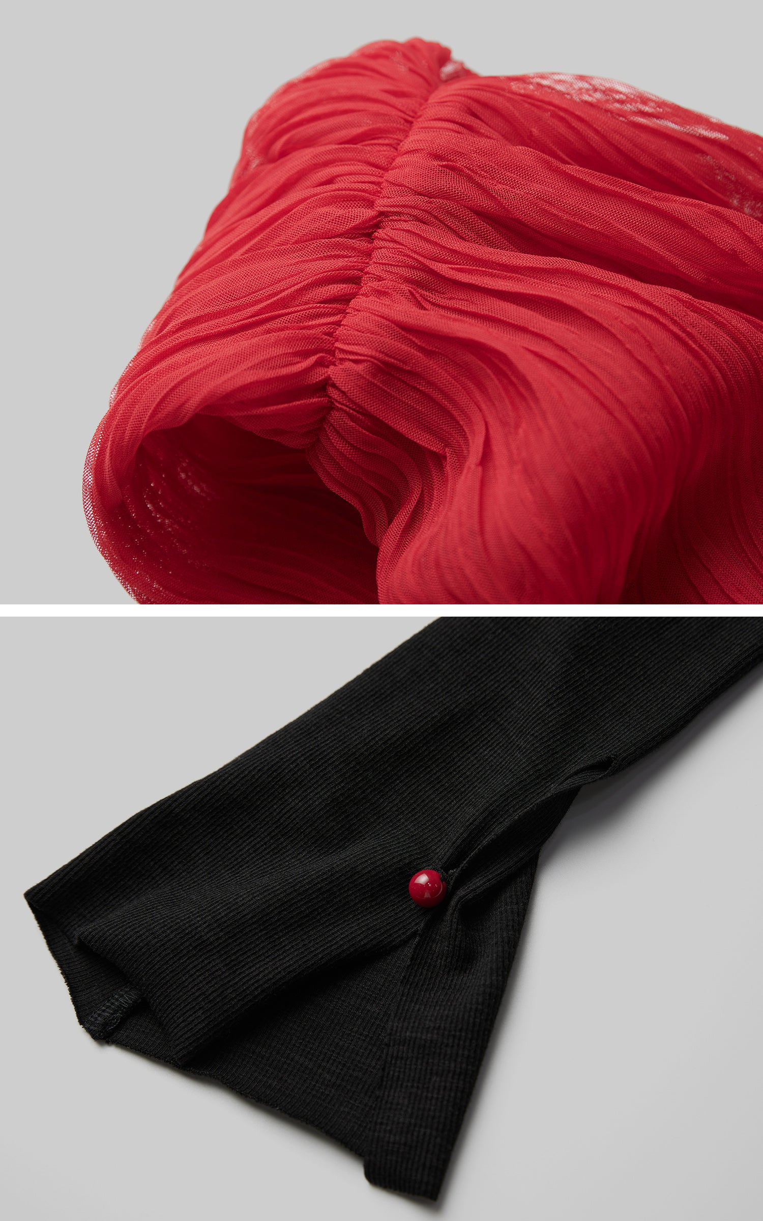 INDULGE Asymmetric Drape Top — Sculptural Red Pleats with Black Knit Base