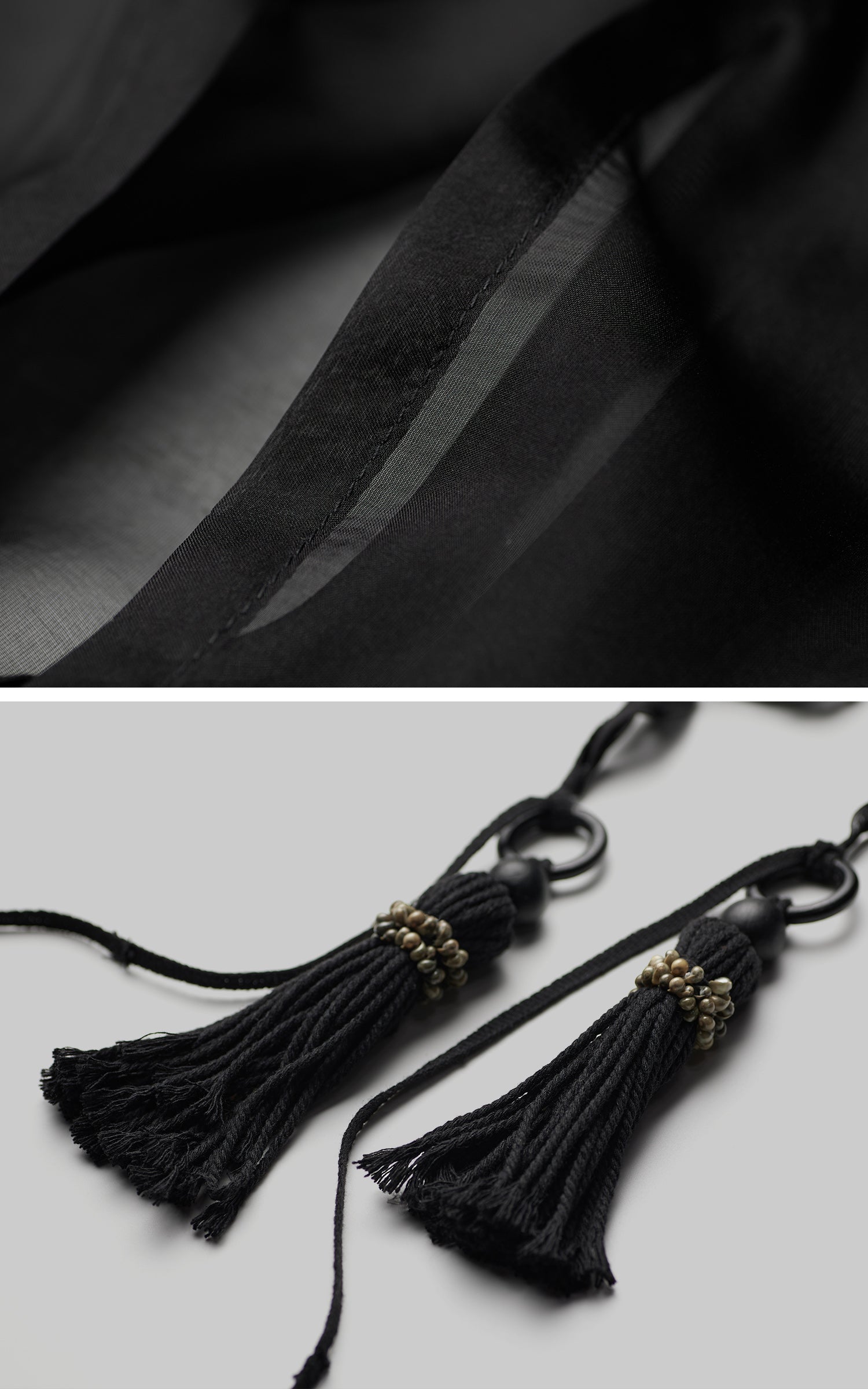 INDULGE Draped Mesh Hooded Cardigan with Tassel Accents and Voluminous Sleeves