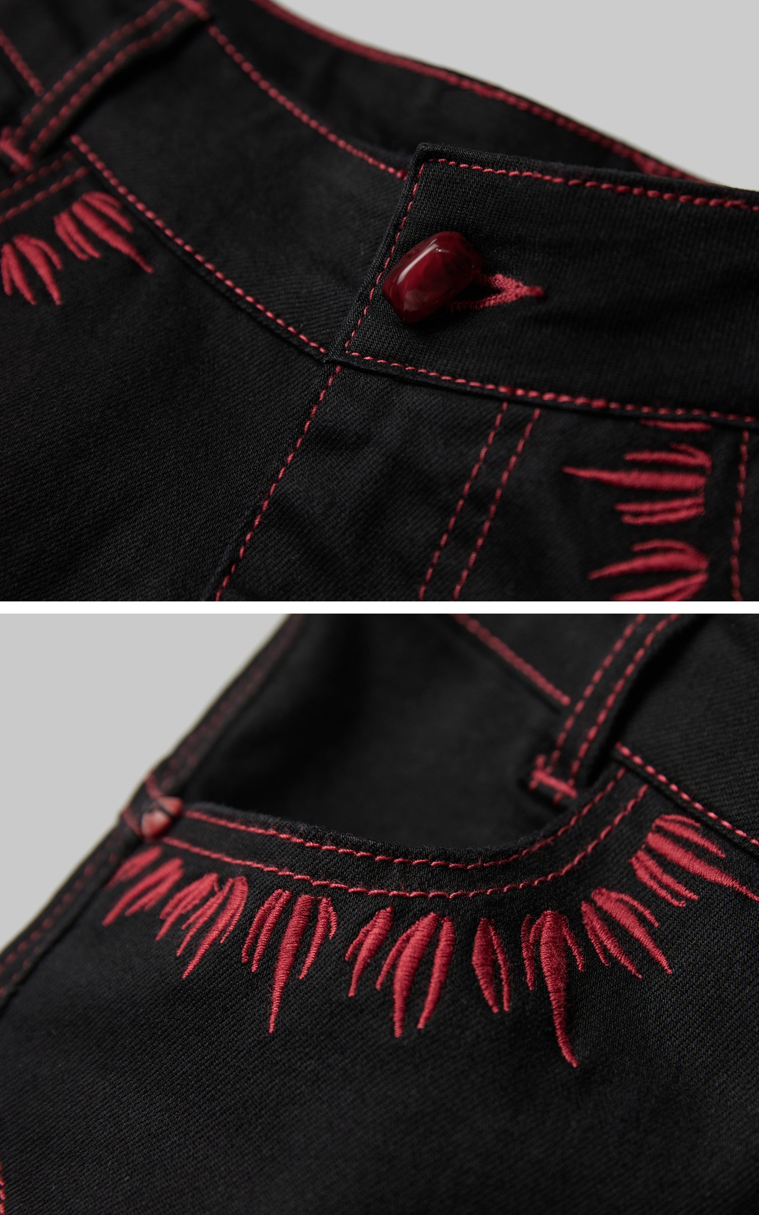 INDULGE IN Gothic Flared Pants with Red Embroidery