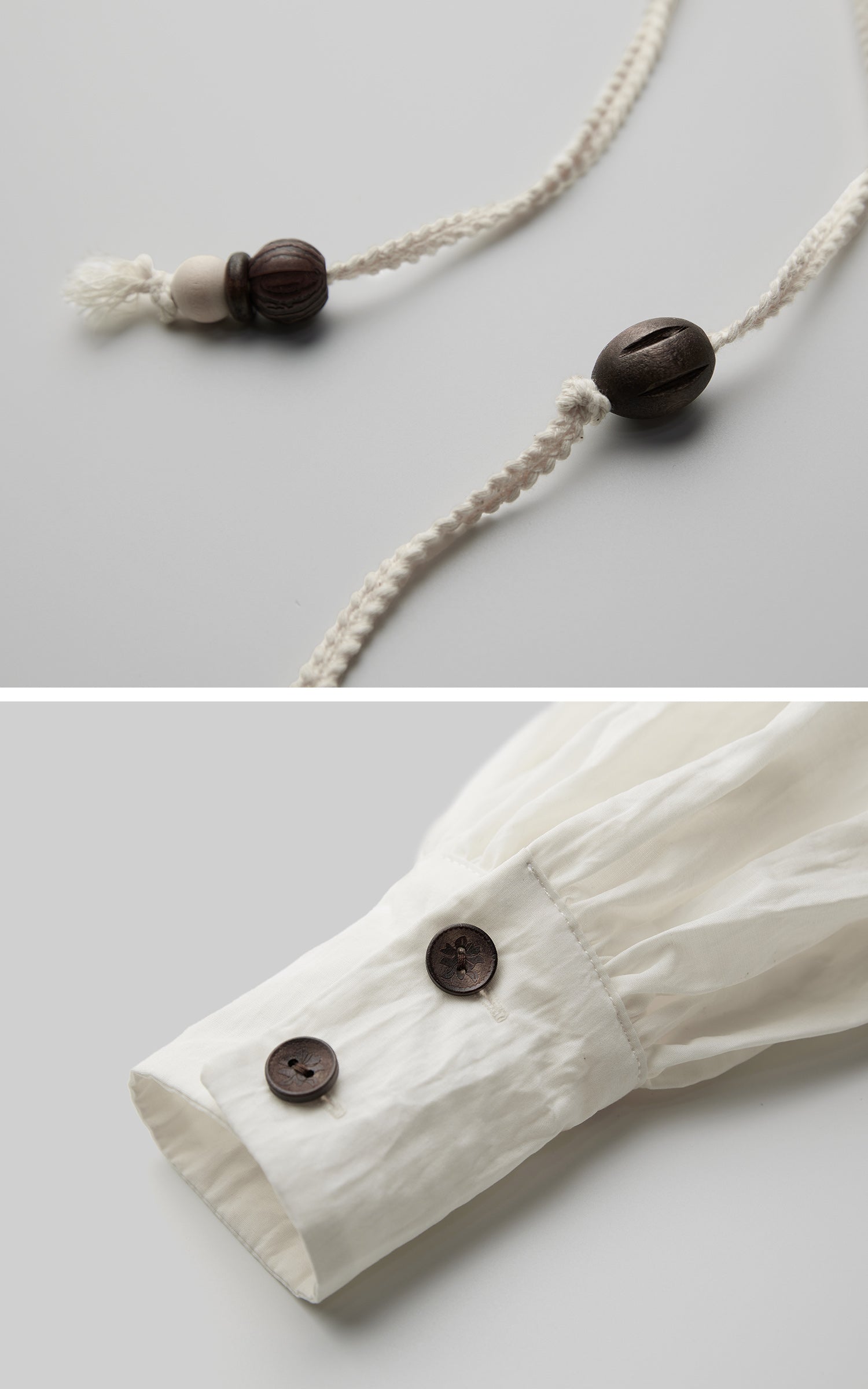 INDULGE Oversized Textured Cotton Shirt with Beaded Button Accents and Drawstring Hem