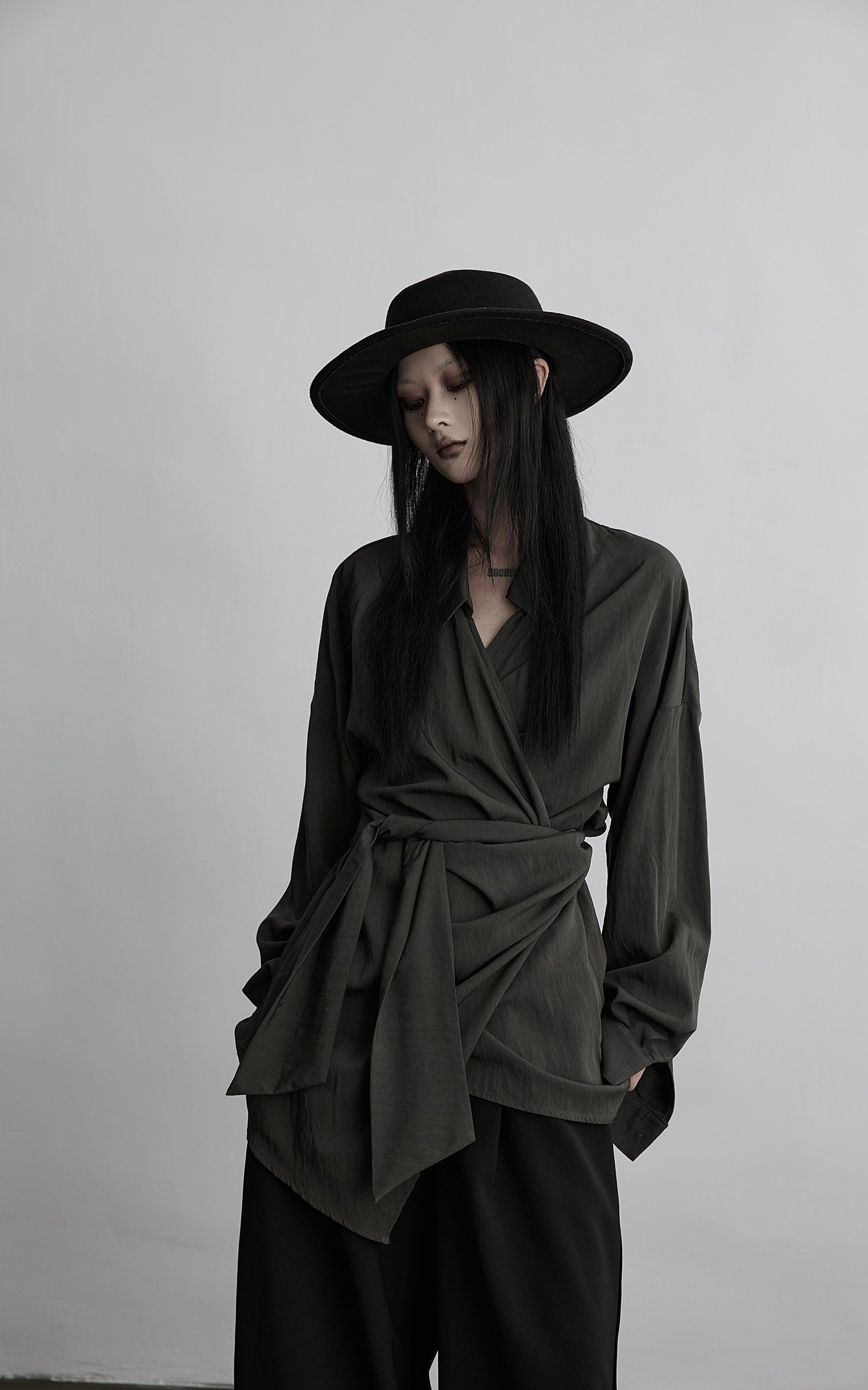 INDULGE Draped Wrap Shirt with Asymmetric Tie Waist