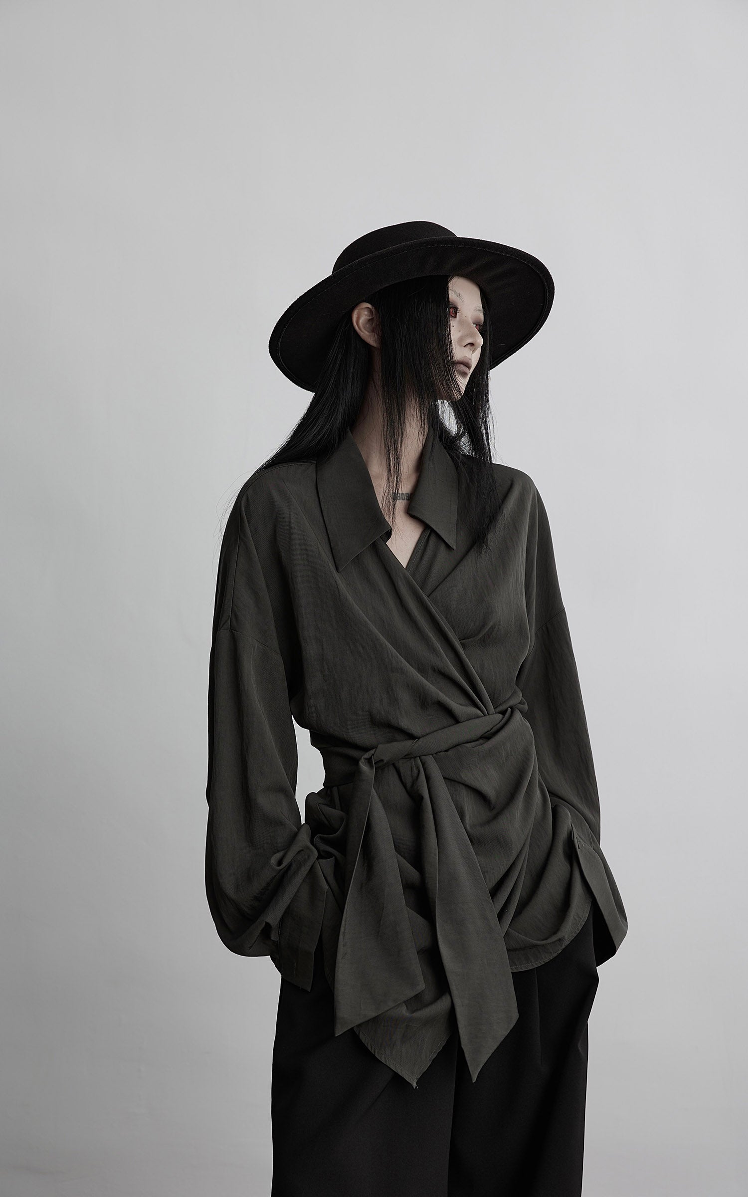 INDULGE Draped Wrap Shirt with Asymmetric Tie Waist