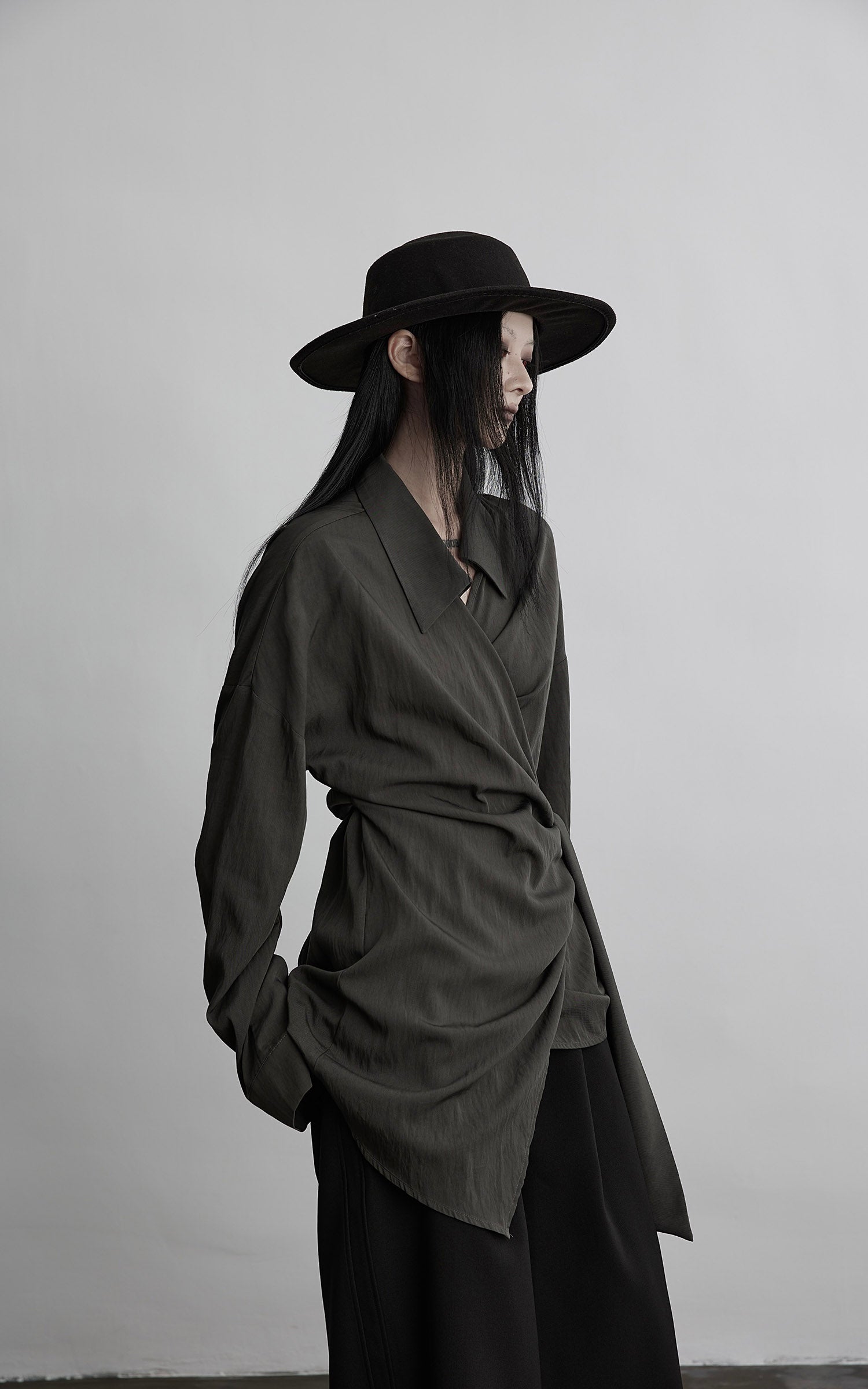INDULGE Draped Wrap Shirt with Asymmetric Tie Waist