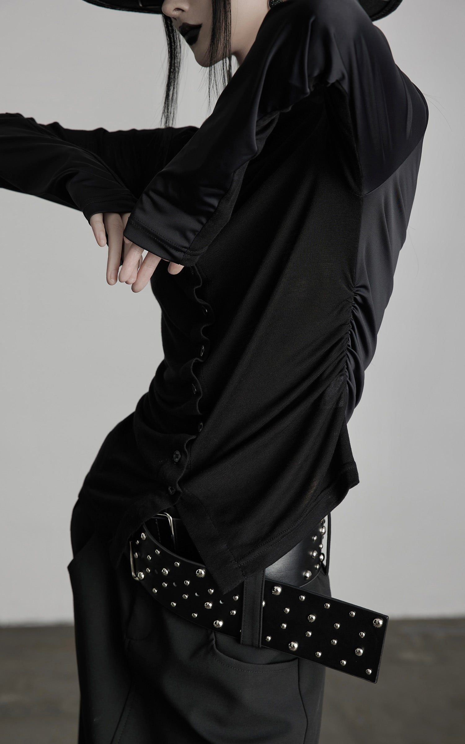INDULGE Draped Ruched Button-Up Shirt