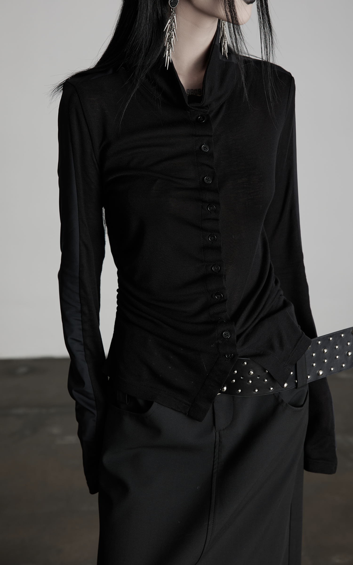 INDULGE Draped Ruched Button-Up Shirt