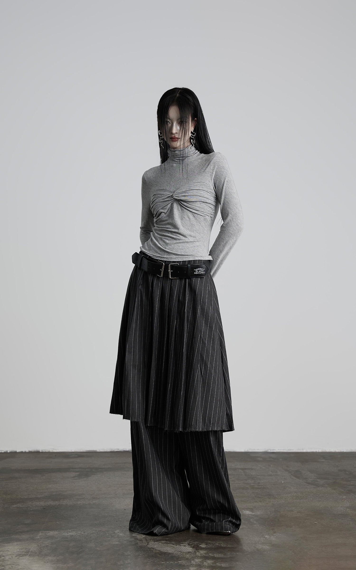 INDULGE Draped Twist Knit Top with High Neck and Long Sleeves