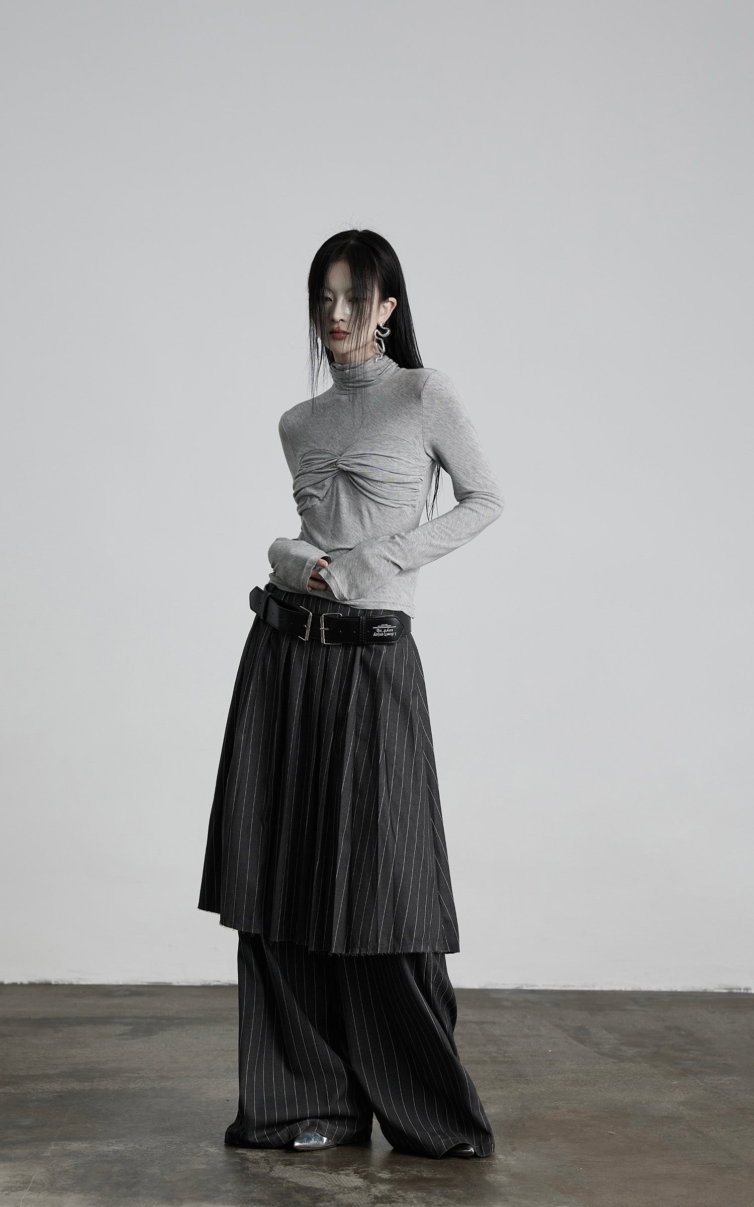 INDULGE Draped Twist Knit Top with High Neck and Long Sleeves