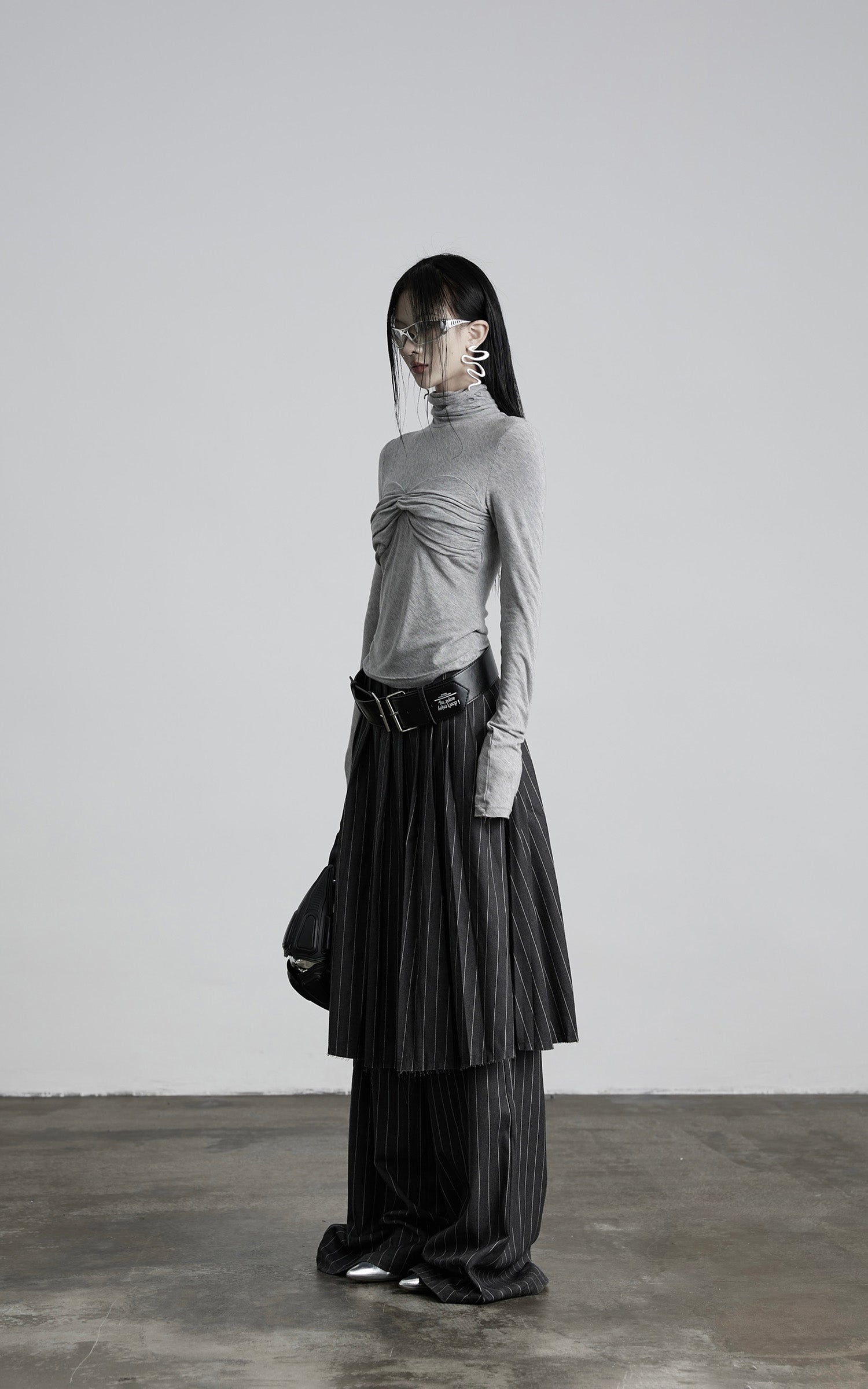 INDULGE Draped Twist Knit Top with High Neck and Long Sleeves