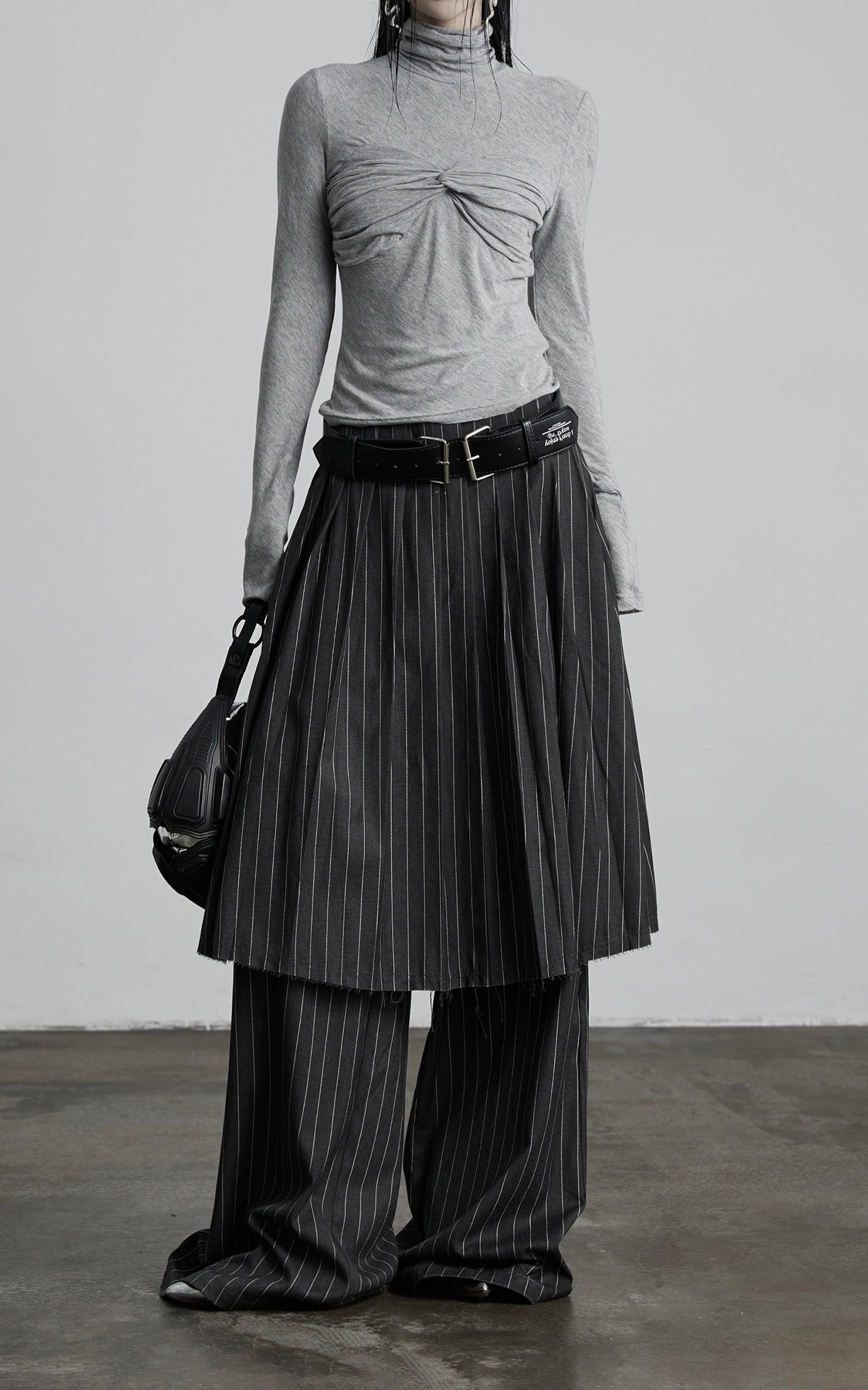 INDULGE Draped Twist Knit Top with High Neck and Long Sleeves