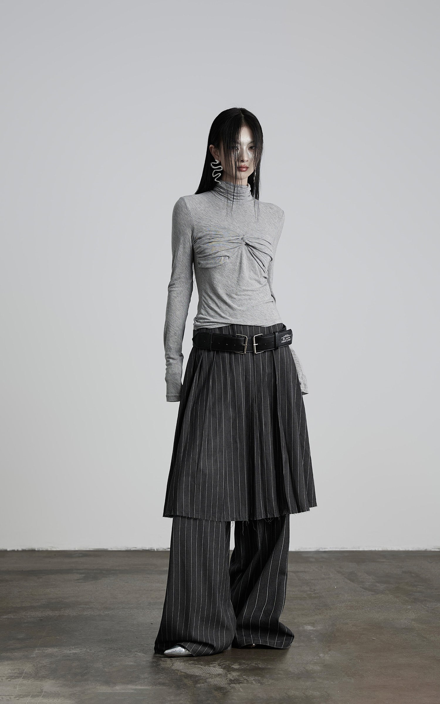 INDULGE Draped Twist Knit Top with High Neck and Long Sleeves