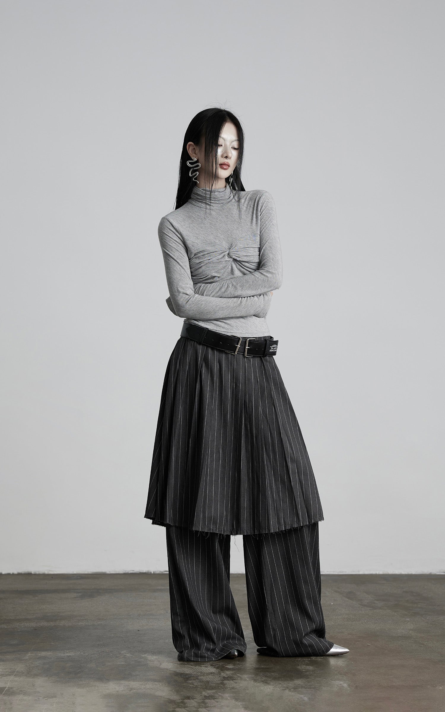 INDULGE Draped Twist Knit Top with High Neck and Long Sleeves