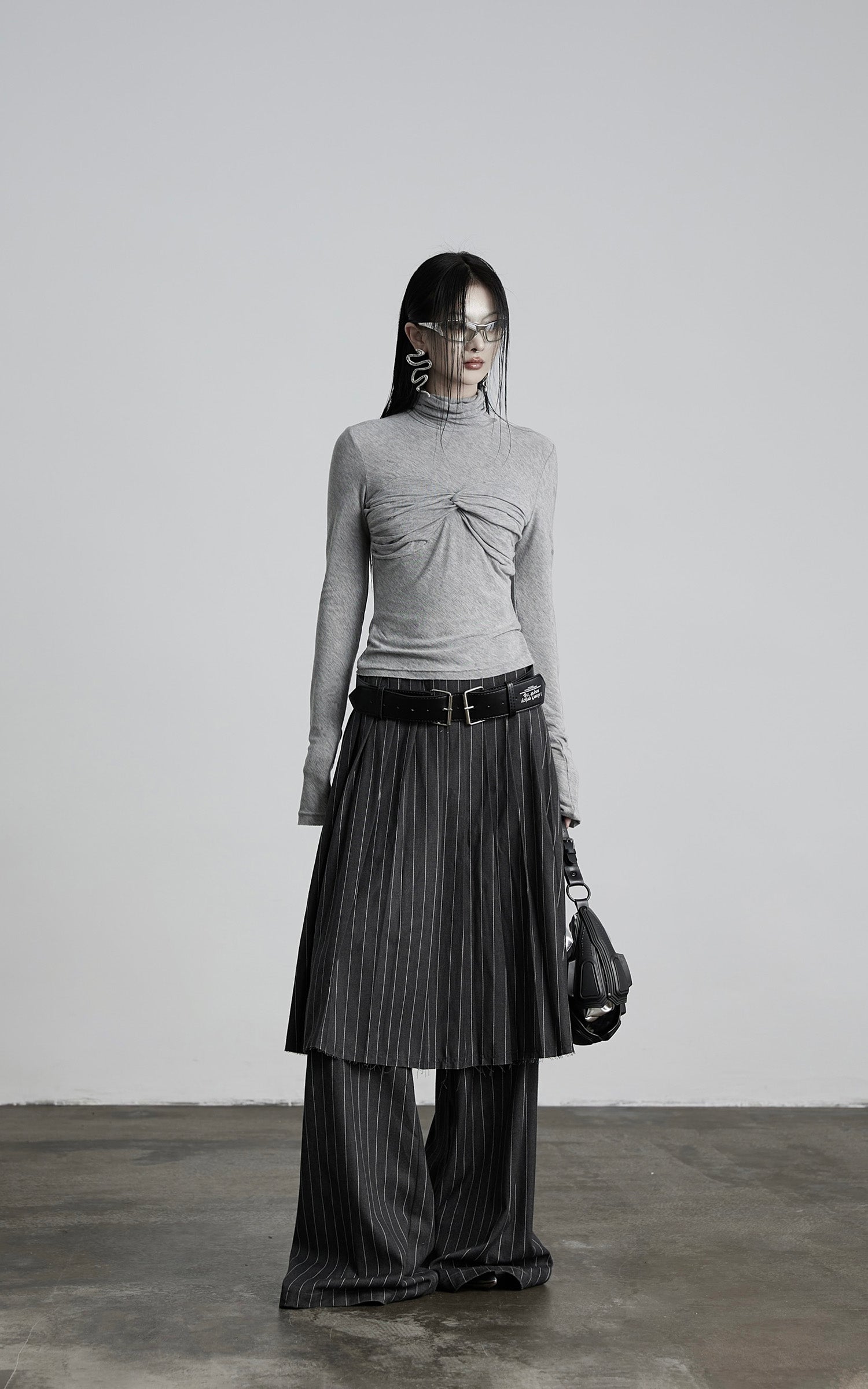 INDULGE Draped Twist Knit Top with High Neck and Long Sleeves
