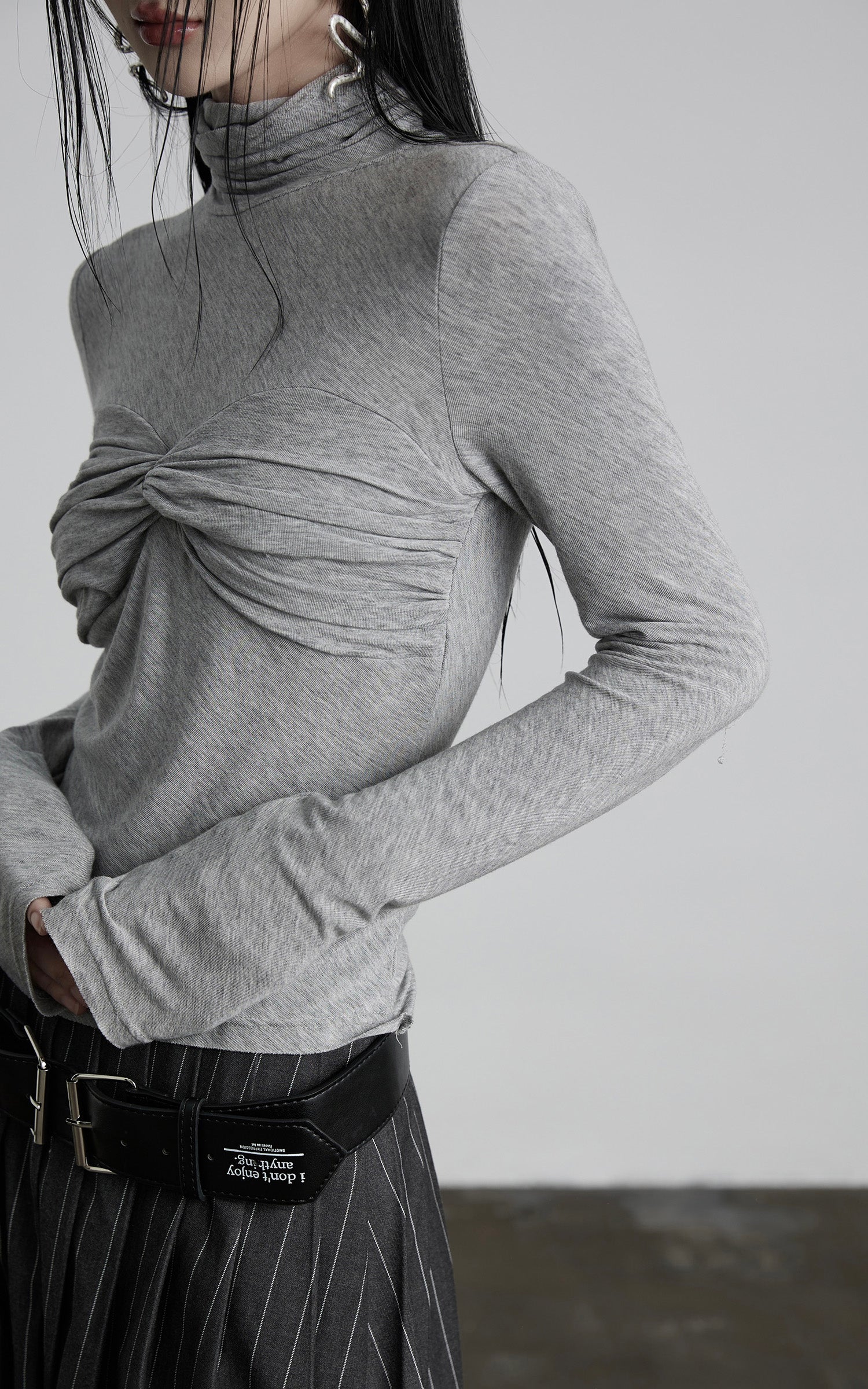INDULGE Draped Twist Knit Top with High Neck and Long Sleeves