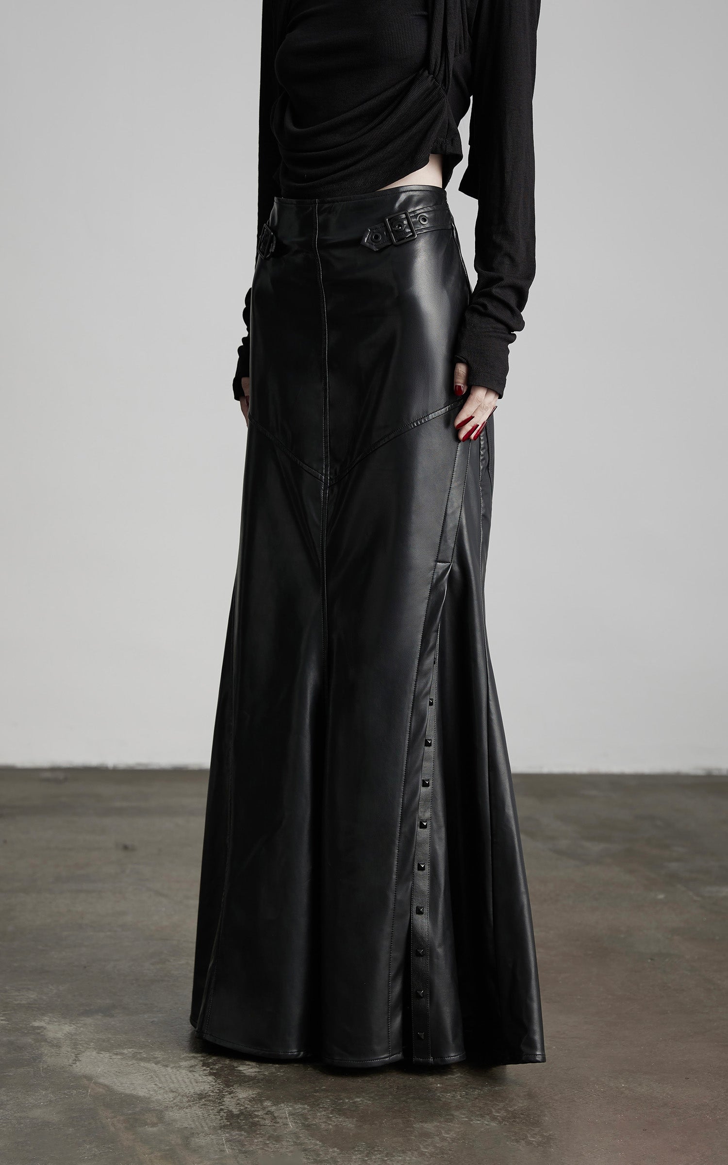 INDULGE Paneled Faux Leather Maxi Skirt with Stud Detail