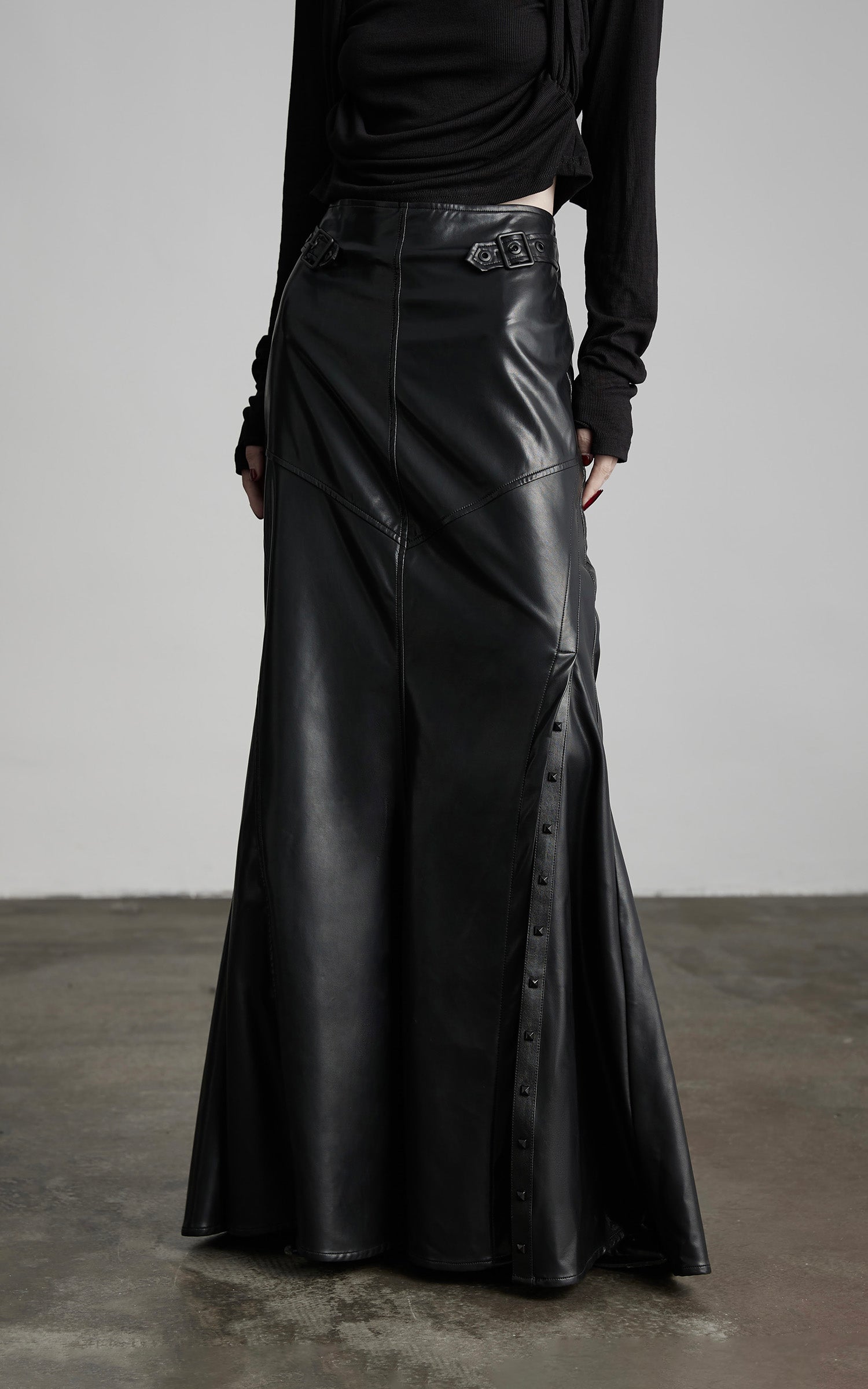 INDULGE Paneled Faux Leather Maxi Skirt with Stud Detail