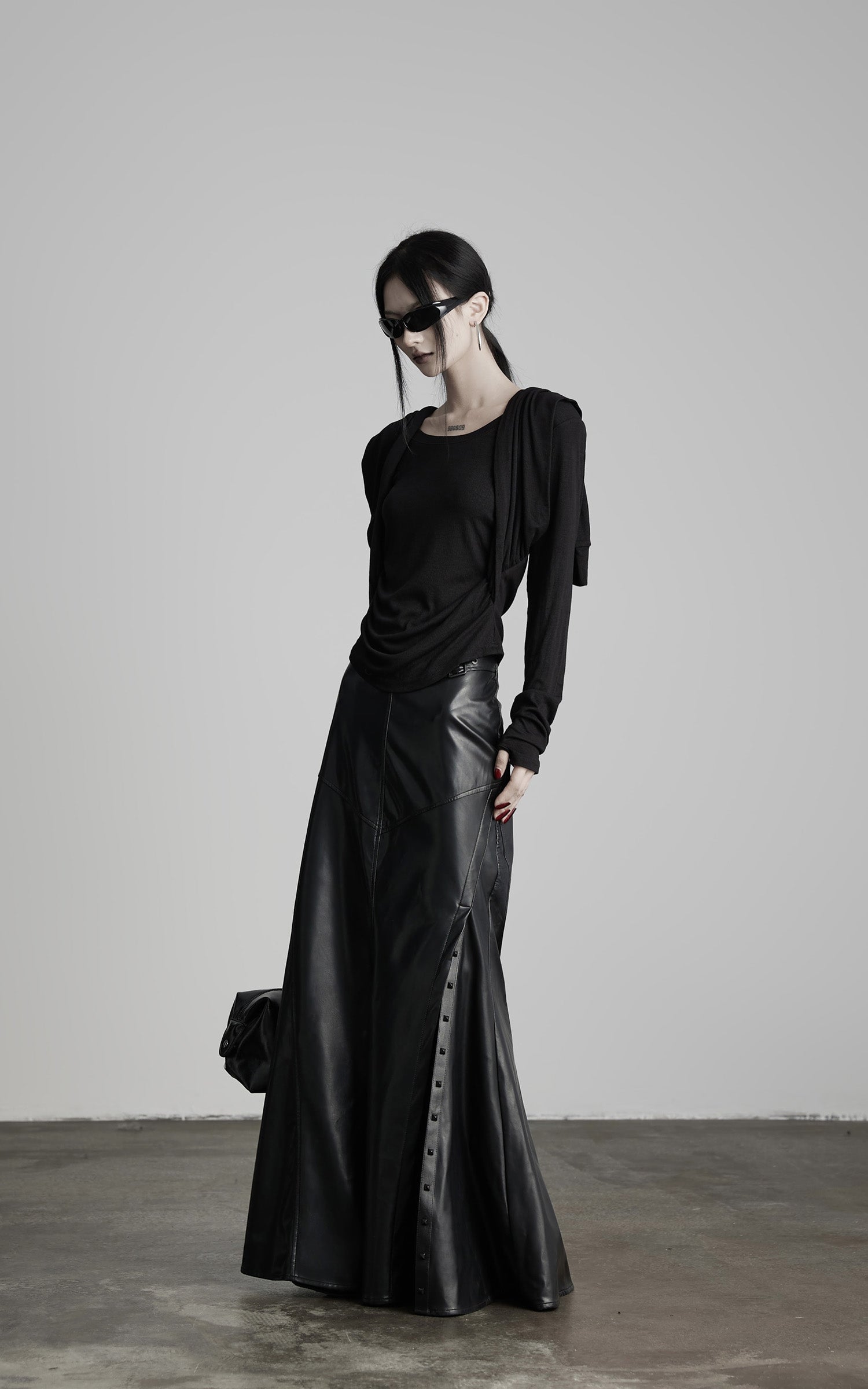 INDULGE Paneled Faux Leather Maxi Skirt with Stud Detail