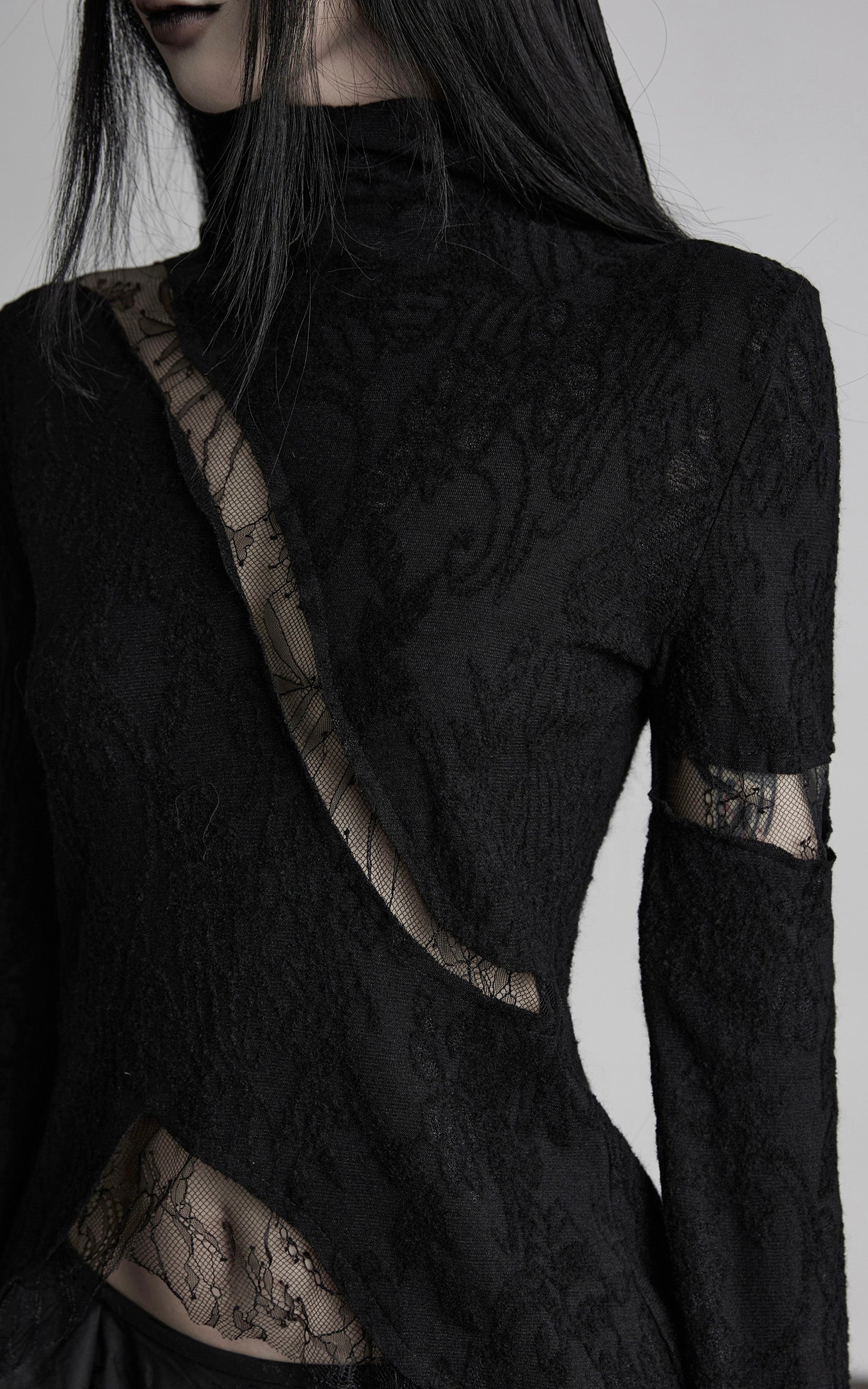 INDULGE Asymmetric Lace Cutout Jacquard Top