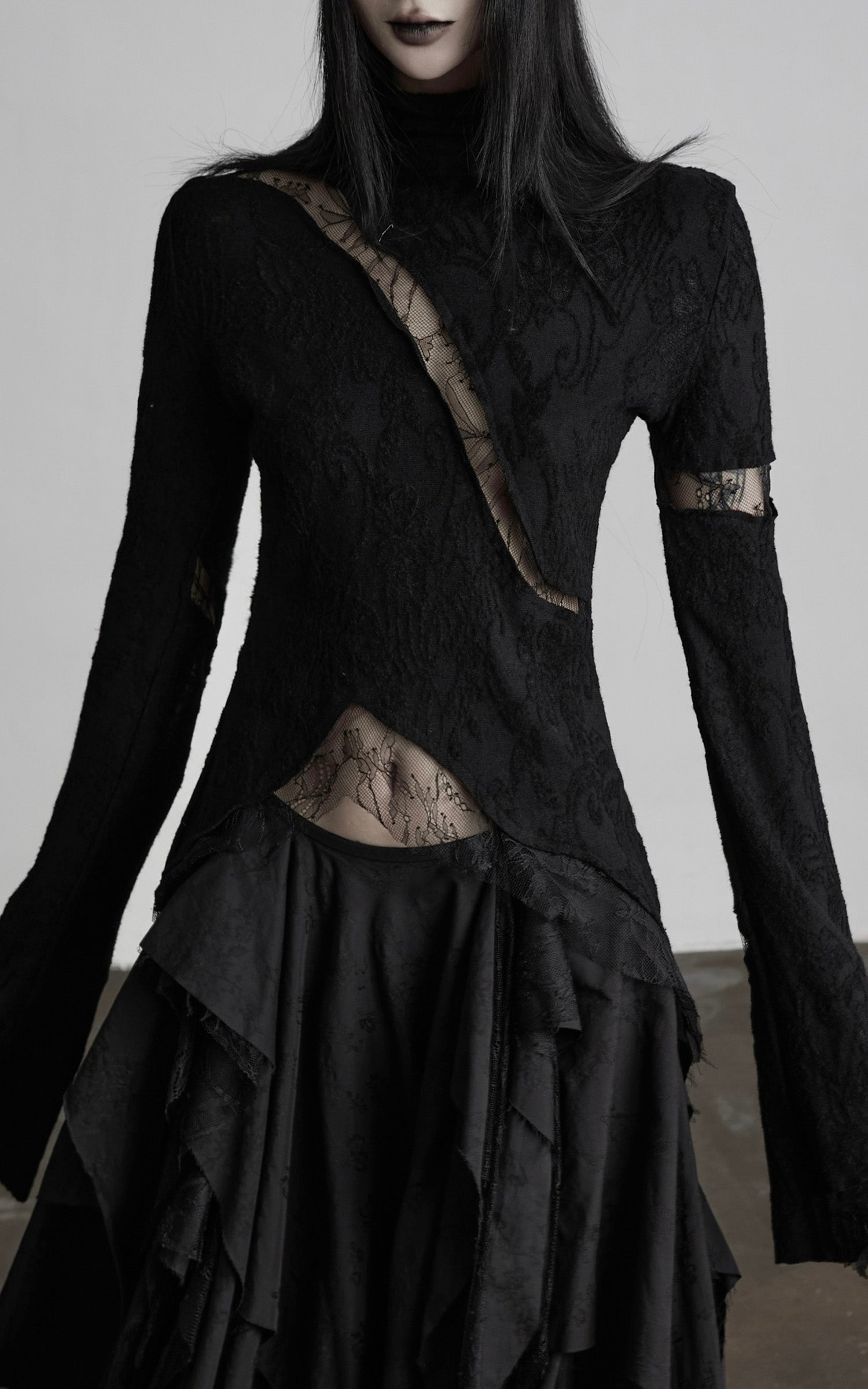 INDULGE Asymmetric Lace Cutout Jacquard Top