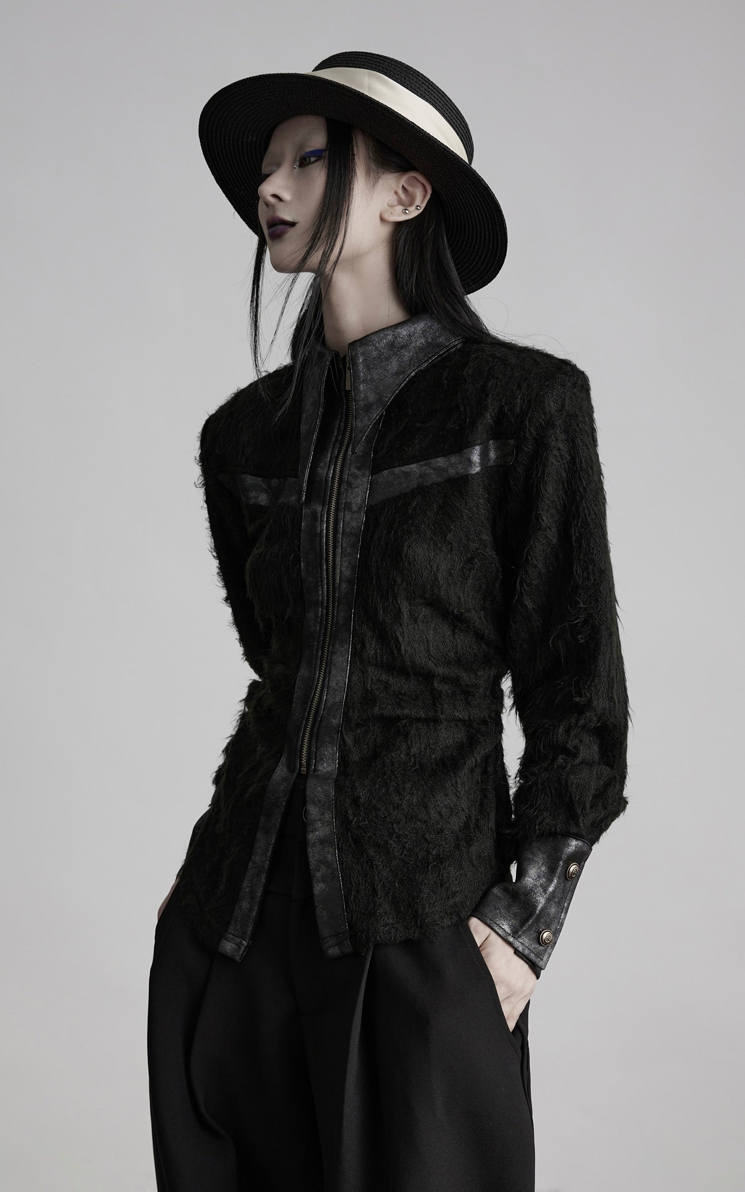 INDULGE Faux Leather Trimmed Fuzzy Top