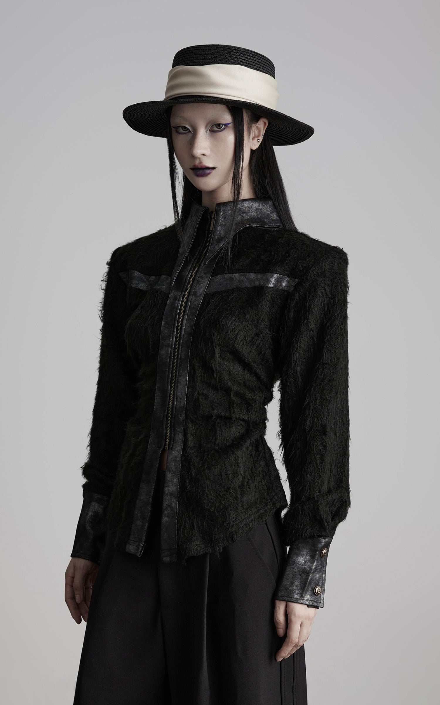 INDULGE Faux Leather Trimmed Fuzzy Top