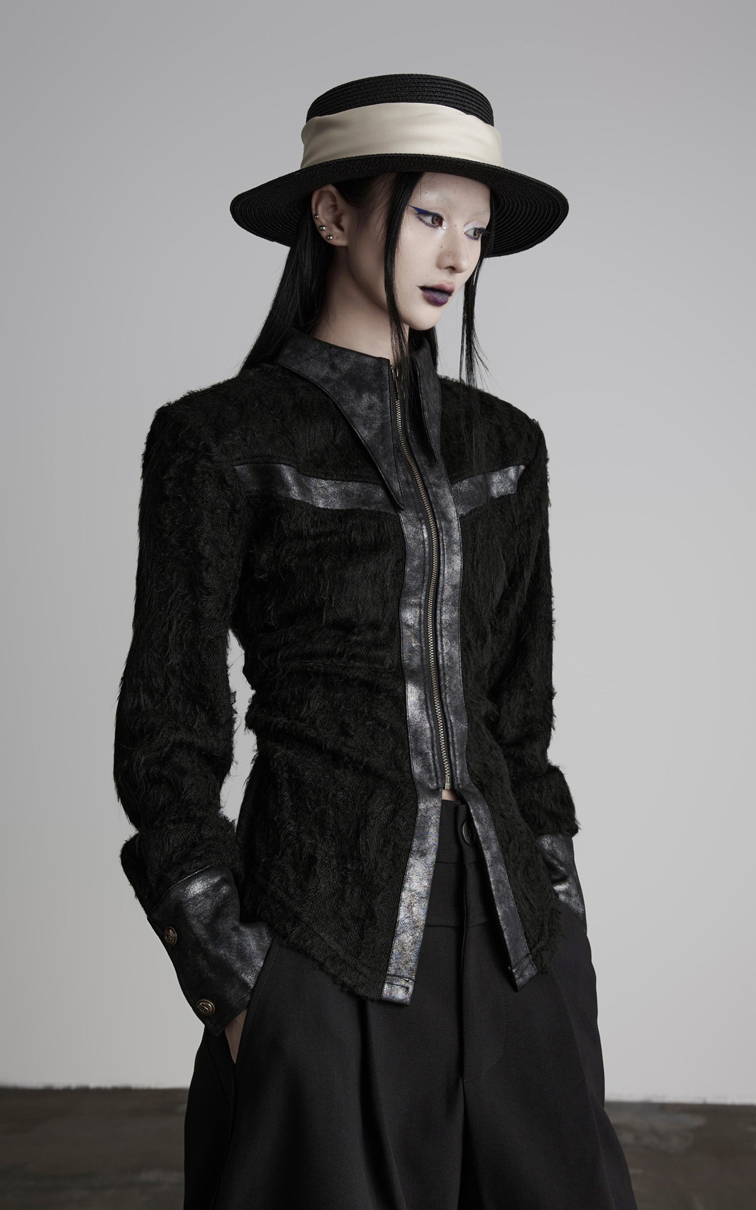 INDULGE Faux Leather Trimmed Fuzzy Top