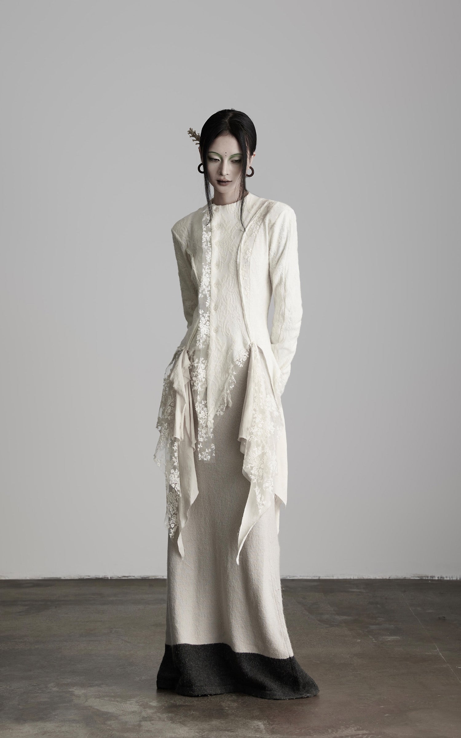 INDULGE Deconstructed Draped Top with Embroidered Lace Overlay