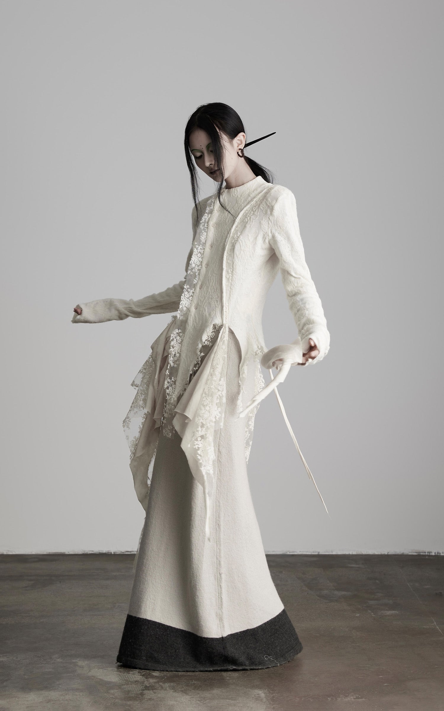 INDULGE Deconstructed Draped Top with Embroidered Lace Overlay