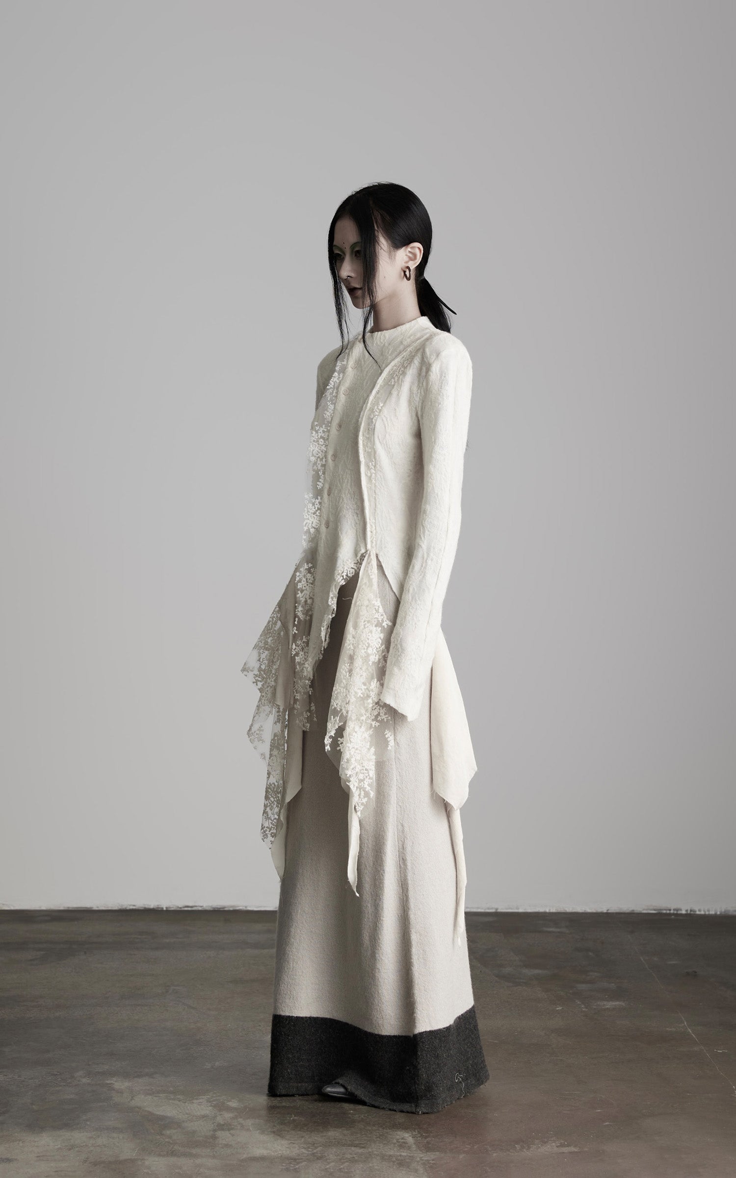 INDULGE Deconstructed Draped Top with Embroidered Lace Overlay