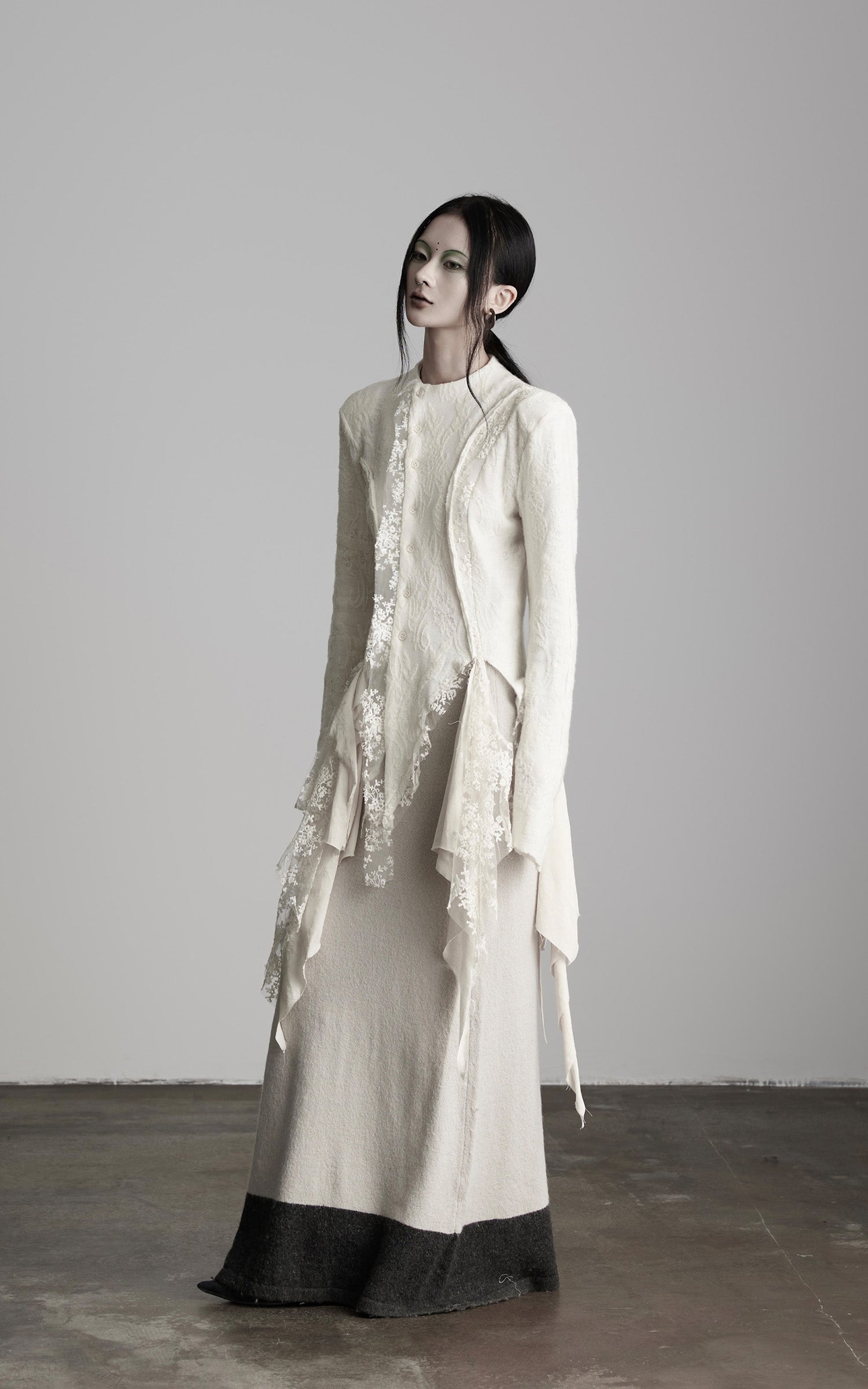 INDULGE Deconstructed Draped Top with Embroidered Lace Overlay